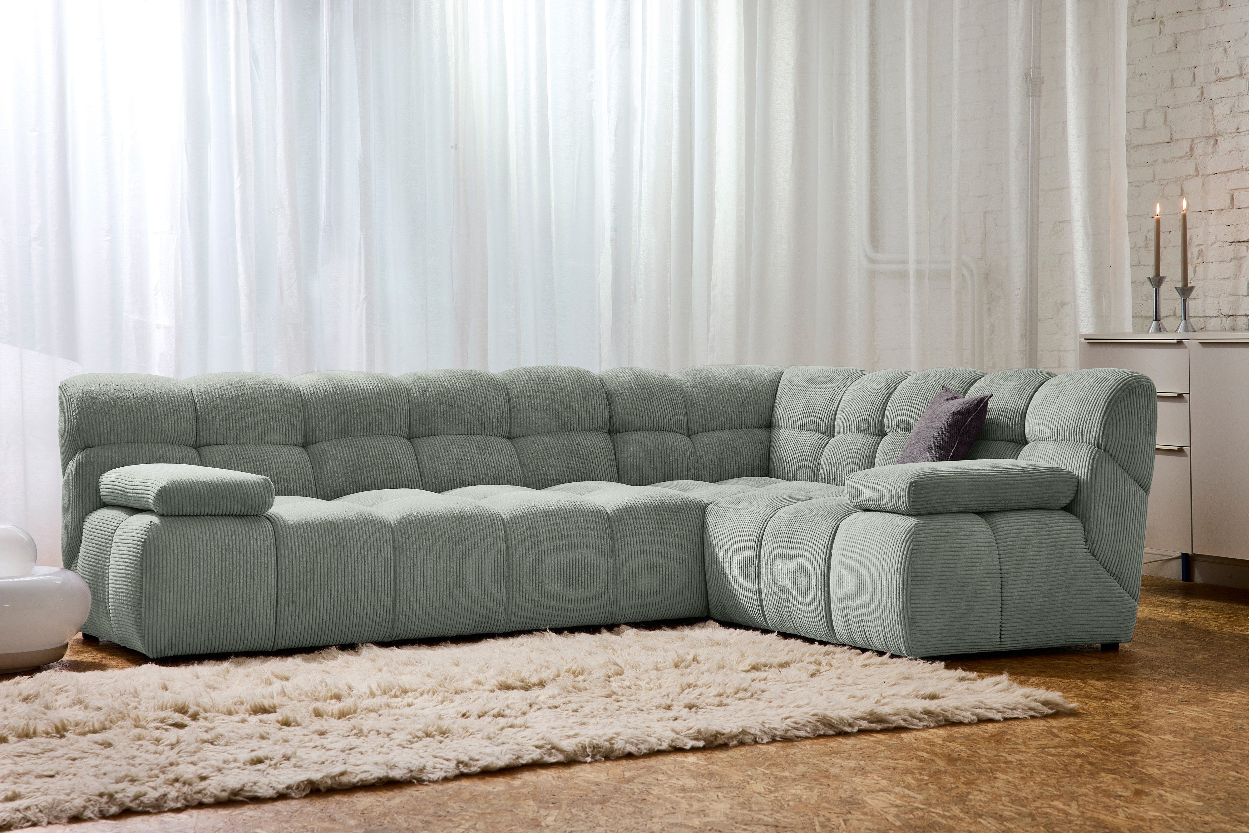 TOM TAILOR HOME Ecksofa SOFT CUBE – stylische Retrovibes durch markante Kachelsteppung, angenehm weicher Sitzkomfort, 265x195, mit optionaler Armteilfunktion