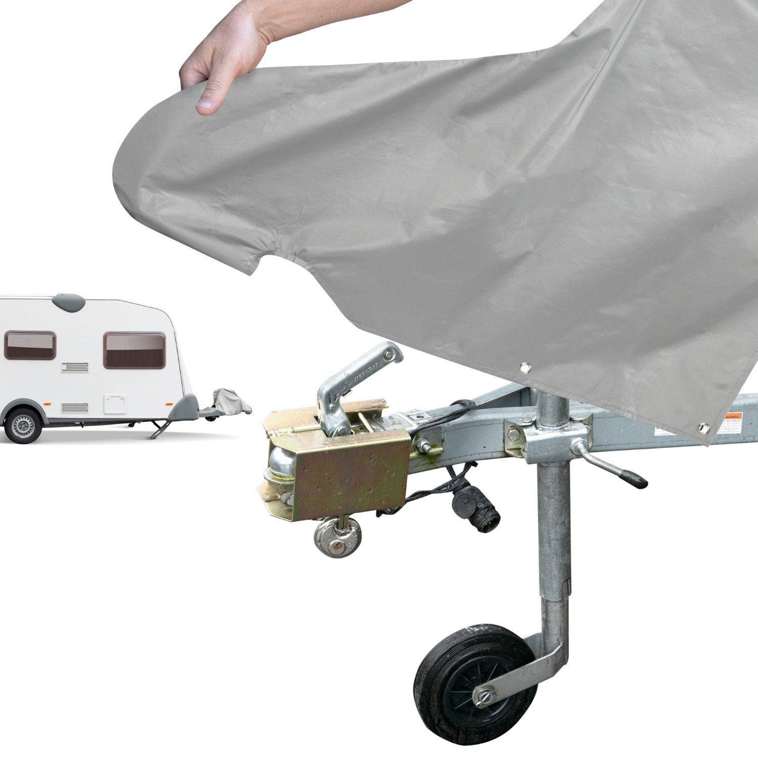 WALSER PKW-Anhänger Deichsel Haube Anhänger UV Regen Schutz Grau, Set, Abdeckplane, Abdeckung Anhängerkupplung Deichselhaube Wohnwagen Caravan Camper