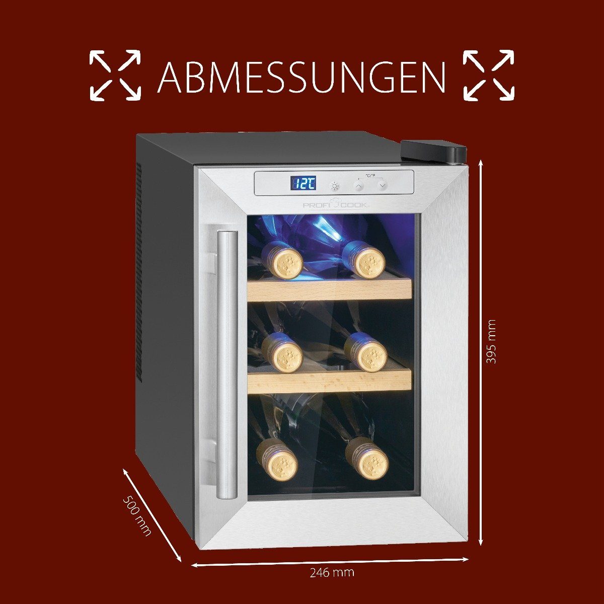breit, cm PC-WK 1231, 39.5 hoch, 6 24.6 cm für Flaschen Weinkühlschrank Getränkekühlschrank schwarz ProfiCook
