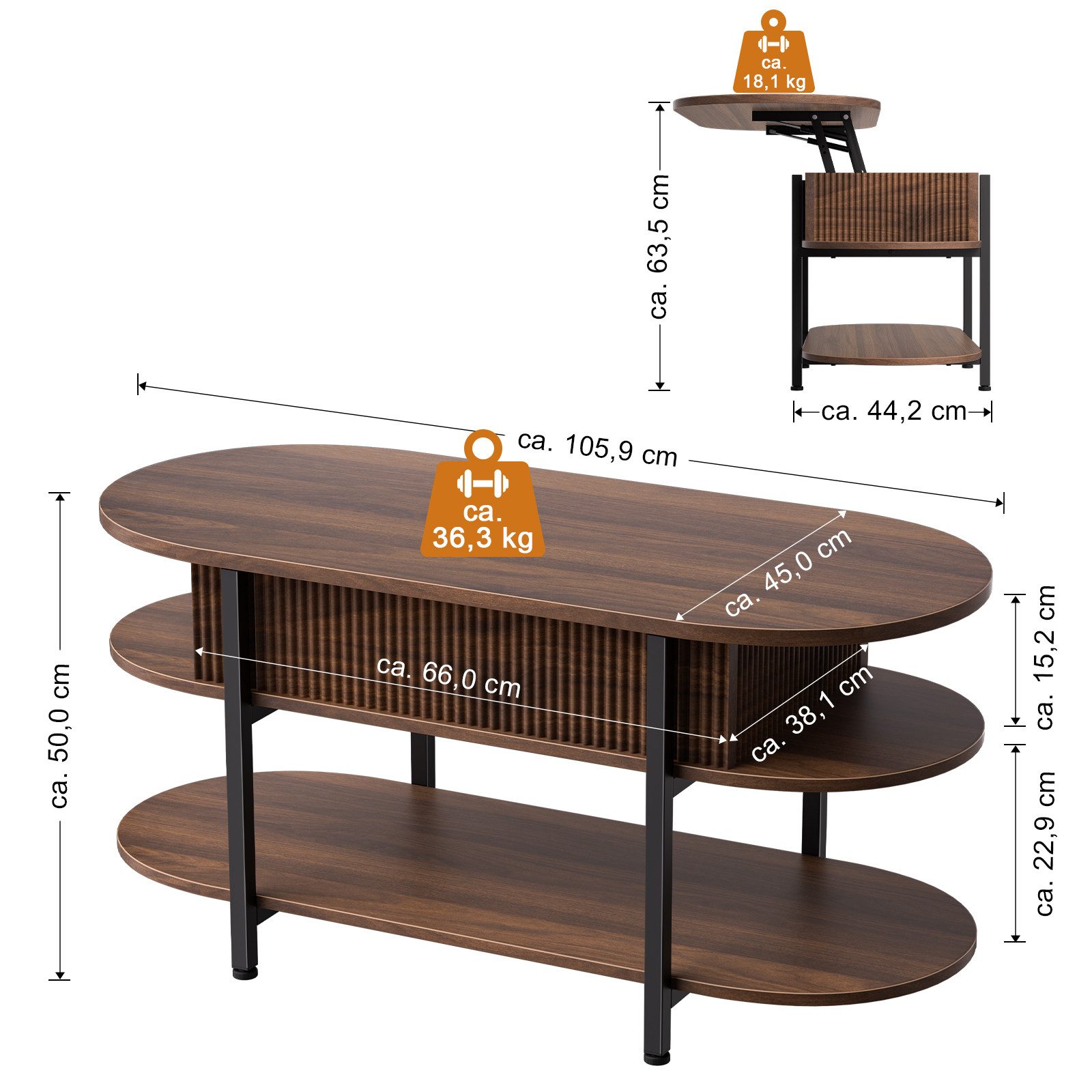 FABATO Couchtisch oval, höhenverstellbar mit verstecktem Stauraum, 3-Etagen-Design (1-St), 105.9×45×50-63.5cm, braun