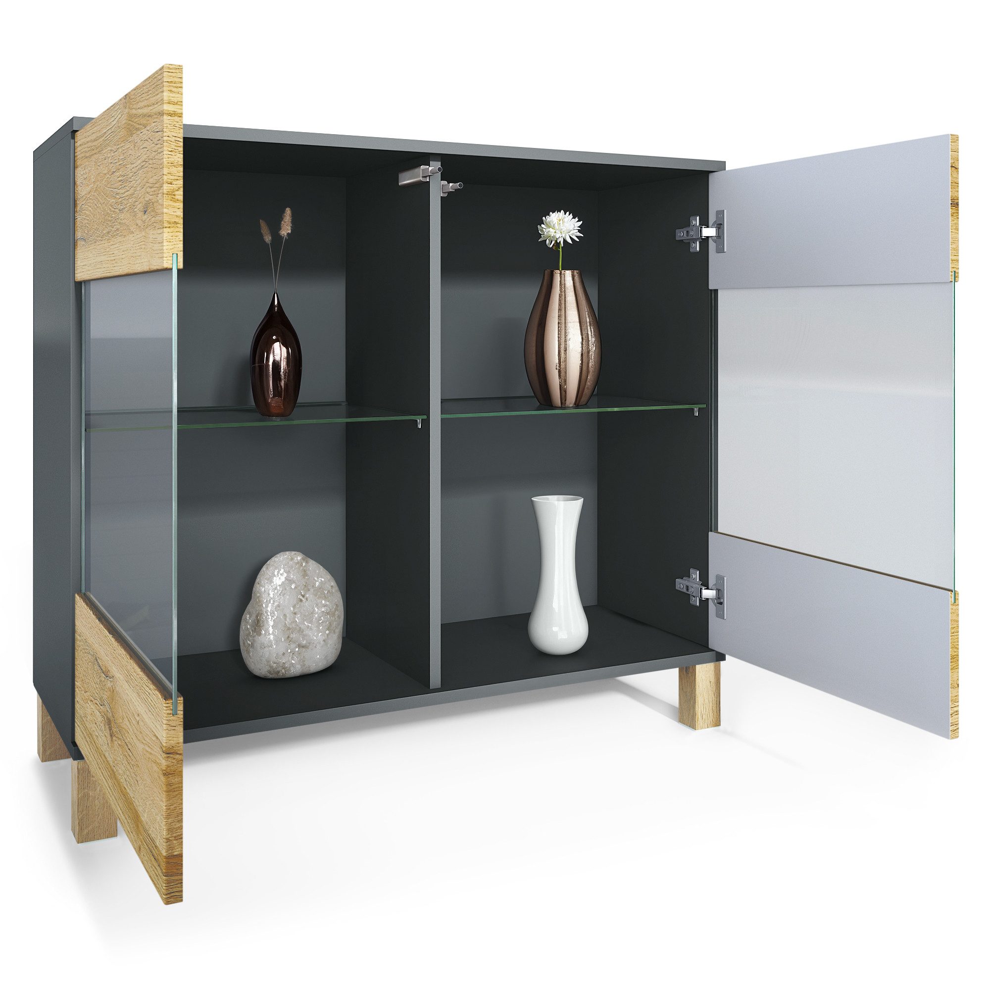 Vladon Kommode Bari V3 Wood (Moderner Küchenschrank, mit 2 großen Glastüren), Anthrazit matt / Eiche Natur (92,5 x 84,5 x 35)