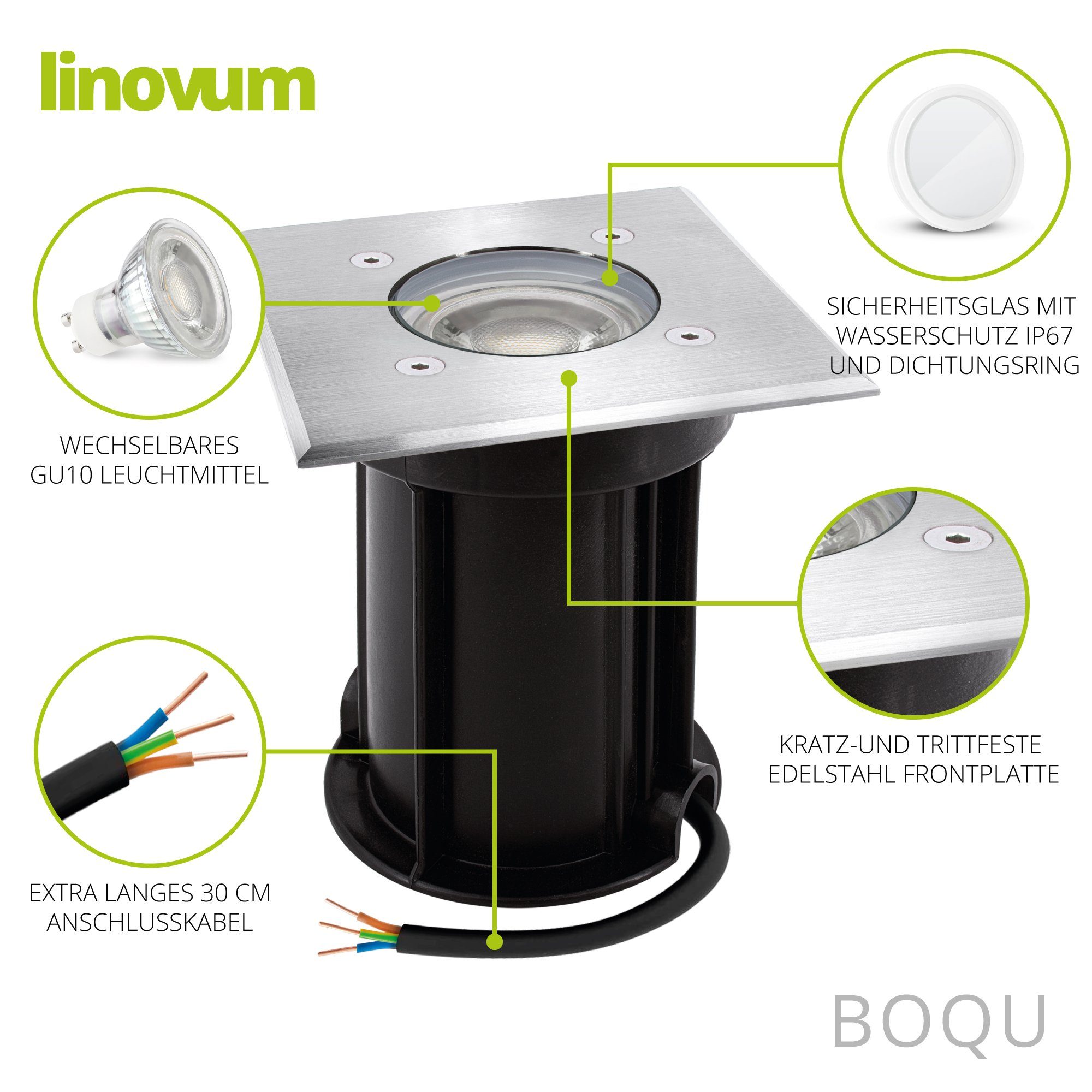 6W linovum GU10 inklusive Boden, Strahler LED BOQU inkl. - Bodeneinbauleuchte Gartenstrahler Leuchtmittel warmweiss Leuchtmittel inklusive,