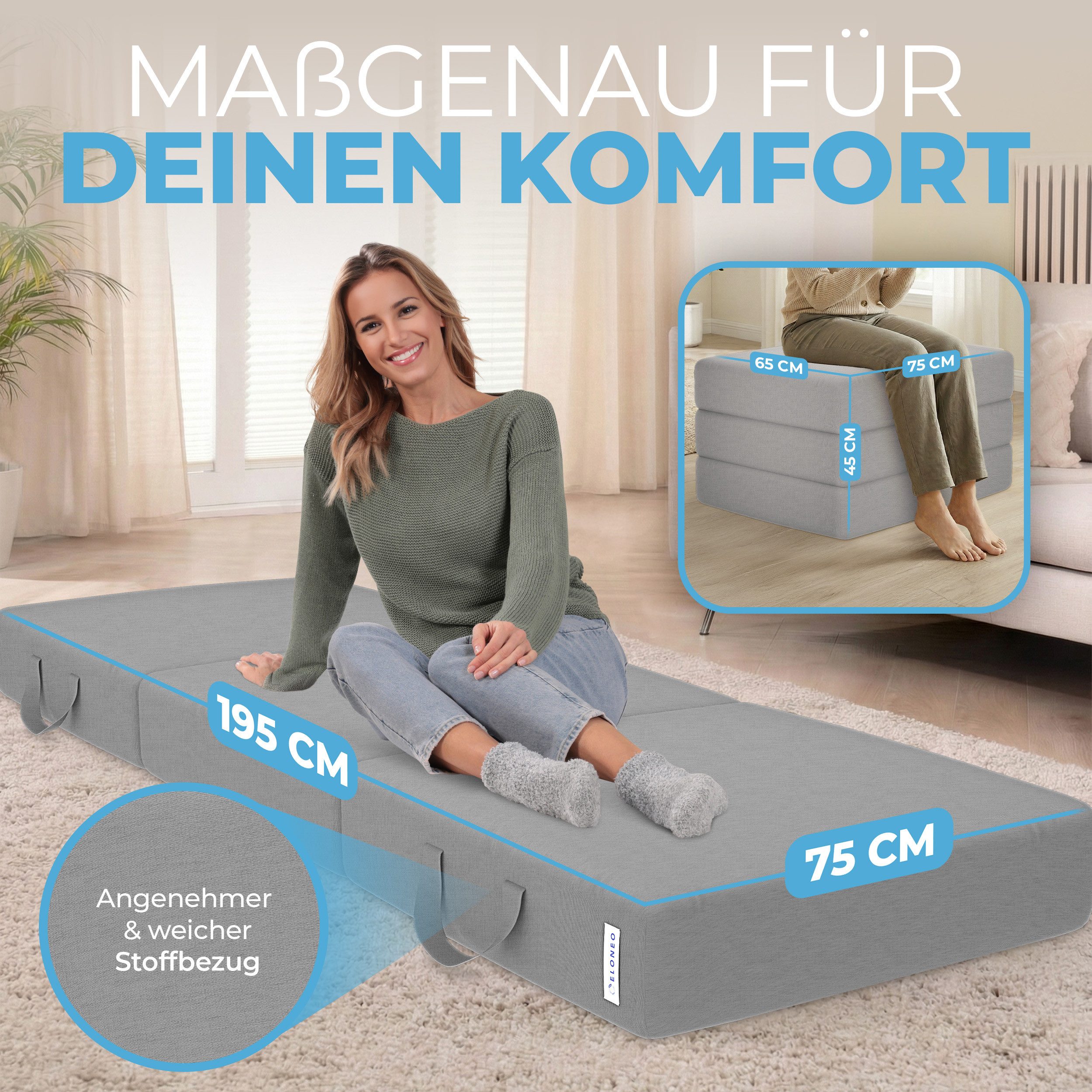 Klappmatratze 3-teilig, Gästematratze mit extra dickem Schaumstoff, ELONEO, 15 cm hoch, waschbarer Bezug, geeignet für Hausstauballergiker, schadstoffgeprüft