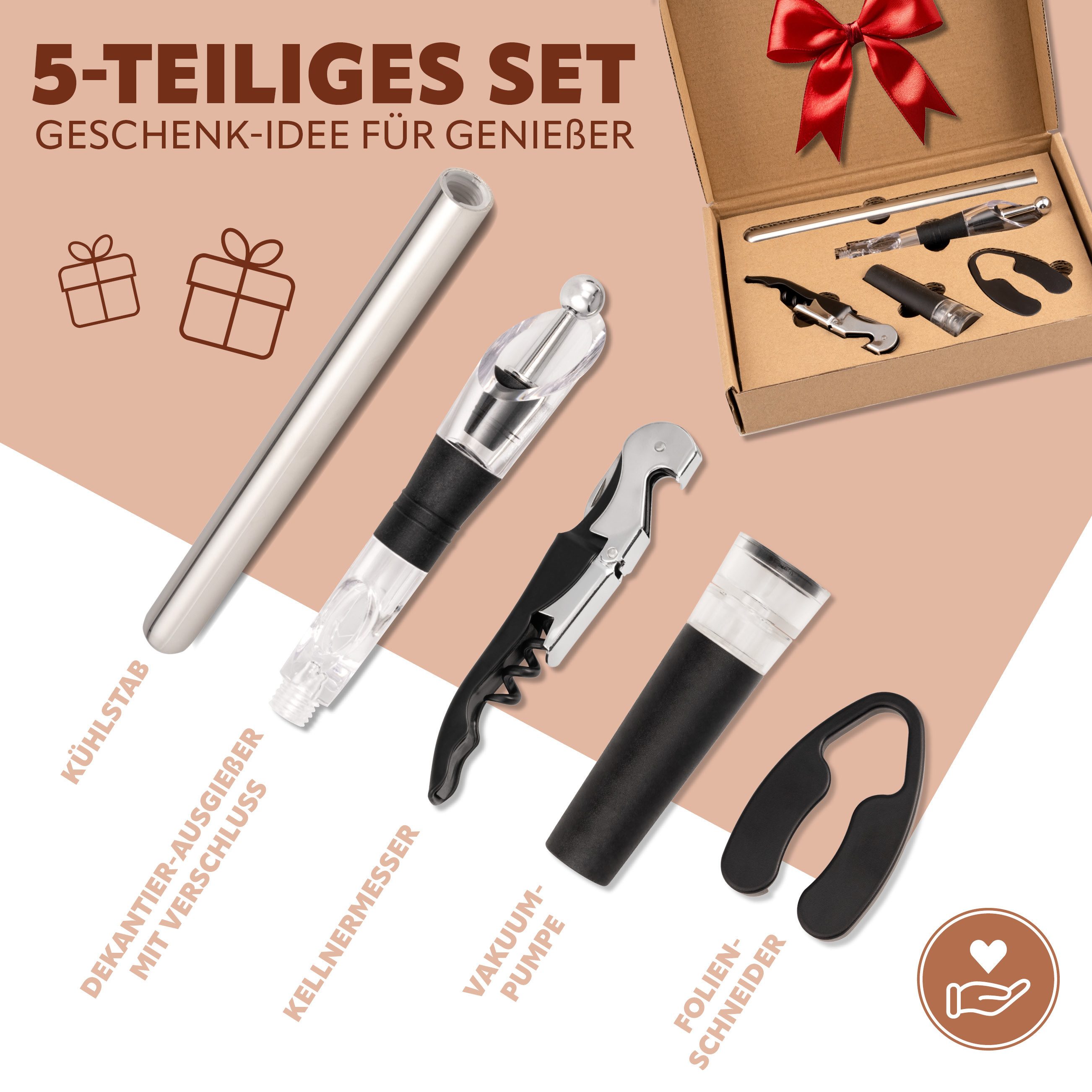 bremermann Sommelier-Set Wein-Set 5-tlg, Geschenk-Set für Weißwein, Sommelier-Set, (Set, 5 tlg), 2in1 Funktion - Kühlung und tropfsicheres Ausgießen zugleich