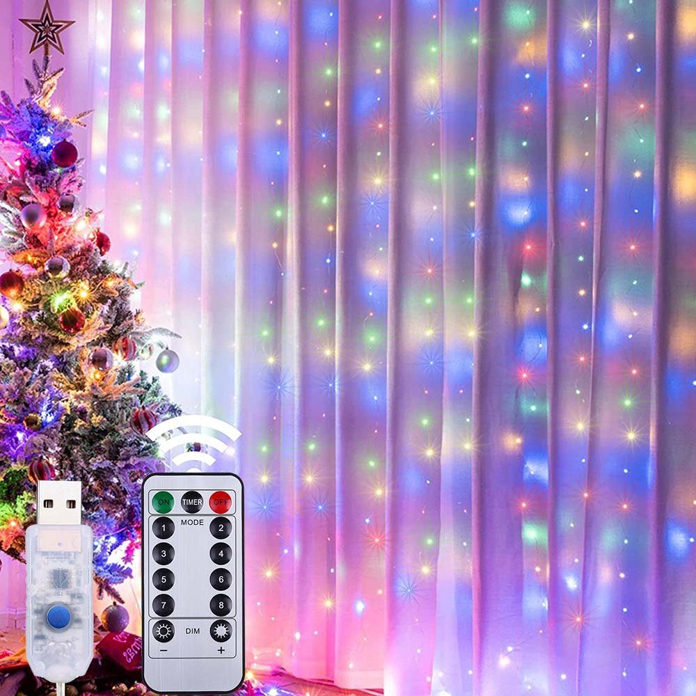 Rosnek LED-Lichtervorhang 3 X 3M, 8 Modi/Musik aktiviert, Fernbedienung, für Weihnachten Party, mit Aufhängehaken; Garten Schlafzimmer Fenster Wand Deko Multicolor