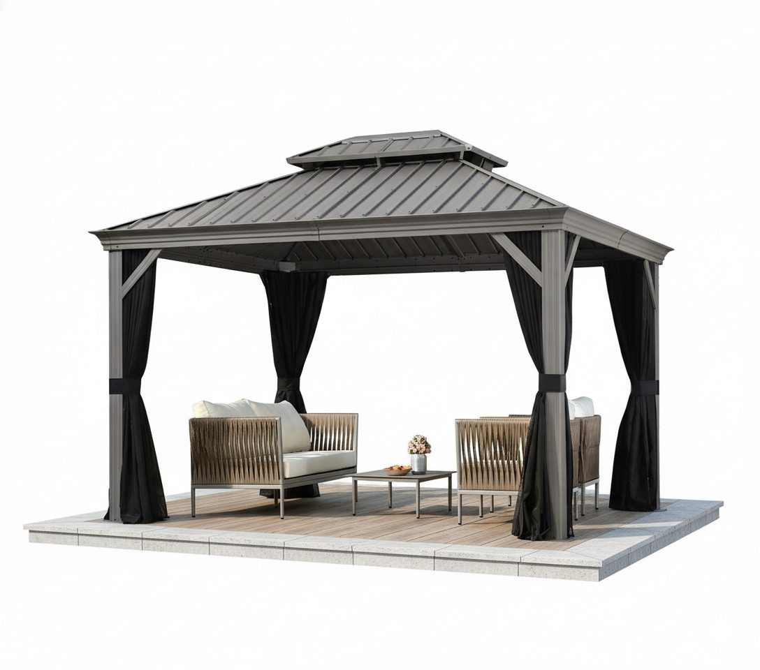 PURPLE LEAF Pavillon Außenbereich Alu Gartenpavillon, Gazebo mit Stahldach Hardtop, 300x365 CM, Gazebo Inklusive Vorhänge und Fliegengitter,für Terrasse
