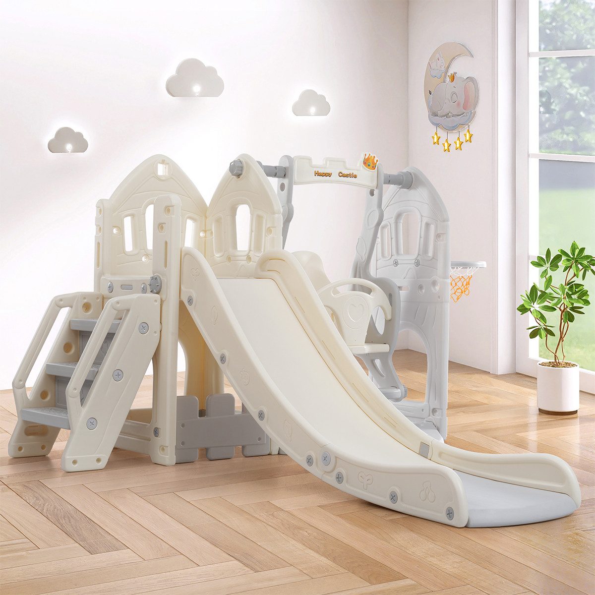 XDeer Indoor-Rutsche Kinderrutsche mit Schaukel,5 in 1 Kinderrutschen-Set, Kletterspielzeug Rutsche Klettern Stauraum Schaukel Rutsche