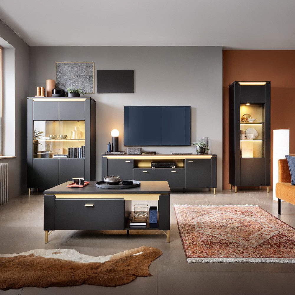 Lomadox Wohnzimmer-Set NOLA-129, (Mega-Spar-Set, 4-St., Vitrinenschrank Fernsehschrank Vitrine Couchtisch), schwarz matt mit goldfarbenen Akzenten inkl. Beleuchtung