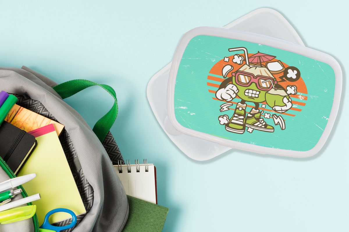 MuchoWow Lunchbox Kokosnuss - Brotbox Erwachsene, Kinder Kunststoff, und Sonnenbrille und Mädchen (2-tlg), Brotdose, für Jungs - für weiß Retro