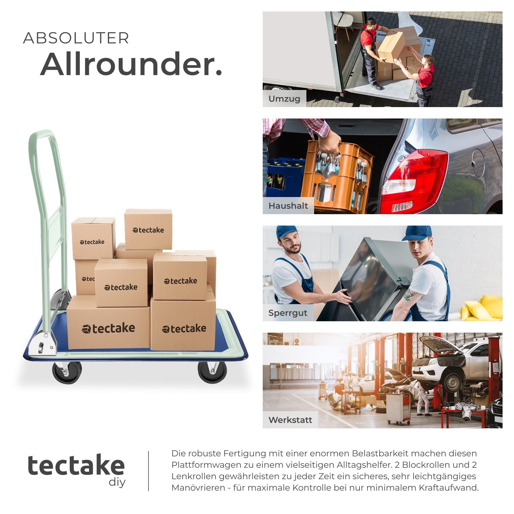 tectake Transportwagen Plattformwagen mit Ladefläche 73 x 47 cm, bis 150 kg belastbar, (Transportwagen, in weiß), Klappgriff, 2 Block-/2 Drehrollen, rutschfeste – Bild 5 von 5