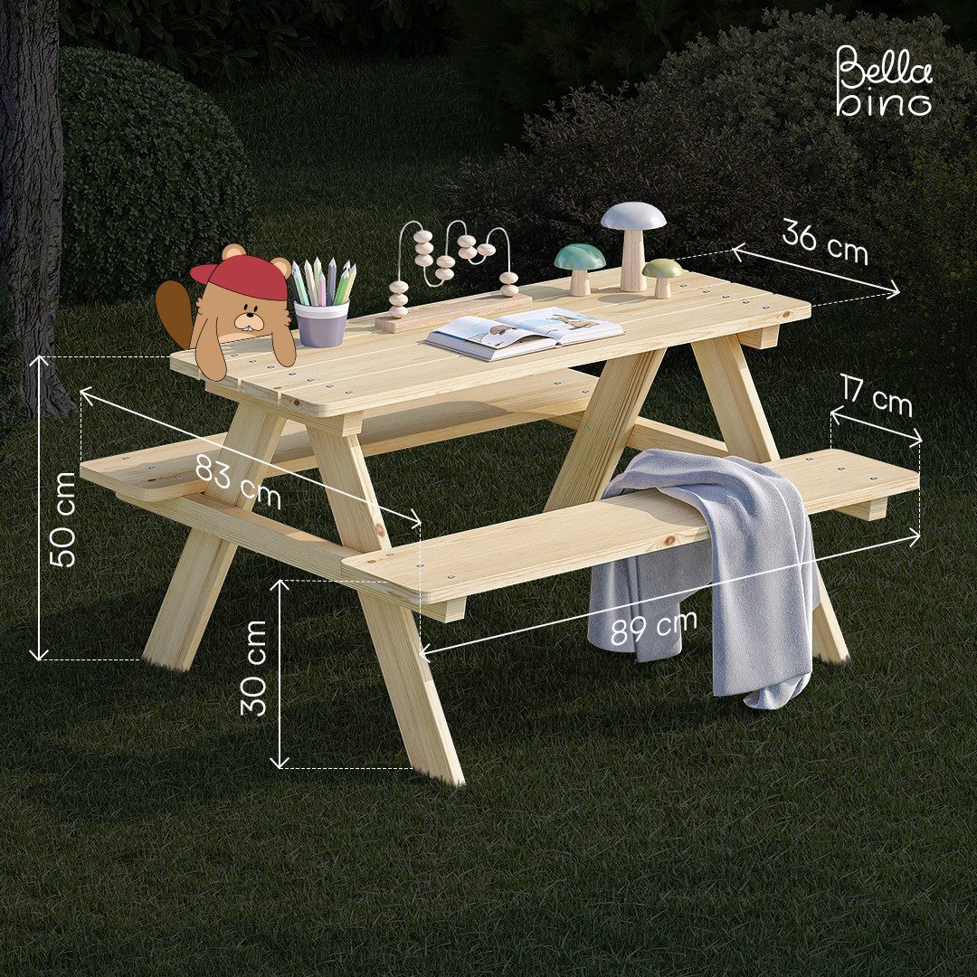 Bellabino Kindersitzgruppe Inny Outdoor-Bank aus Holz, (Tisch und Bänke, Sitzgruppe), für 4 Personen, unbehandelt, Kindermöbelset aus Kiefer Massivholz