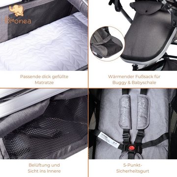 Bronea Kombi-Kinderwagen EXQUISE Kinderwagen 3in1 mit MATRATZE, BUGGY & AUTO-BABYSCHALE, Schwarz/Silver,Gummi Reifen,Wickeltasche,Regen-,Mücken-& Sonnenschutz