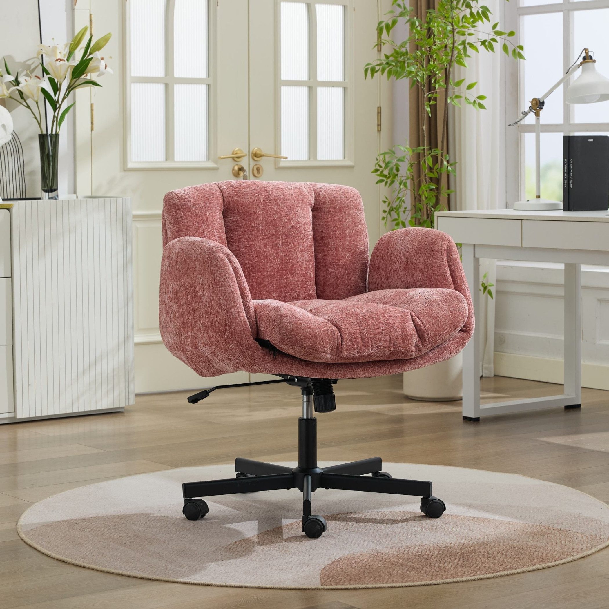 SeedWave Bürostuhl Drehbar Höhenverstellbarer Criss Cross Chair mit Klappbaren Armlehnen, Chenille Schneidersitz Schreibtischstuhl,extra Breite 61cm Sitzfläche