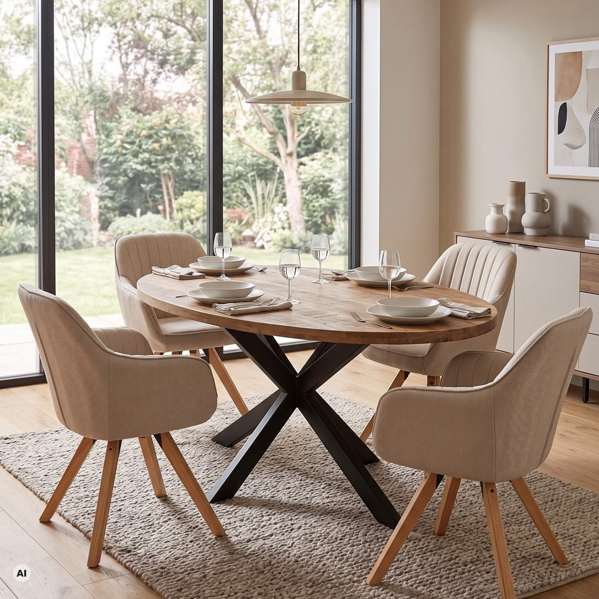 MR.DEKO Esszimmer-Set Essgruppe Matera beige & Tisch Avola oval Gestell Cross 180x90cm, (5-St., 5-teiliges Esszimmer-Set mit Polstersesseln & Holztisch), Drehbare Komfortsessel in Beige & Esstisch aus Mangoholz