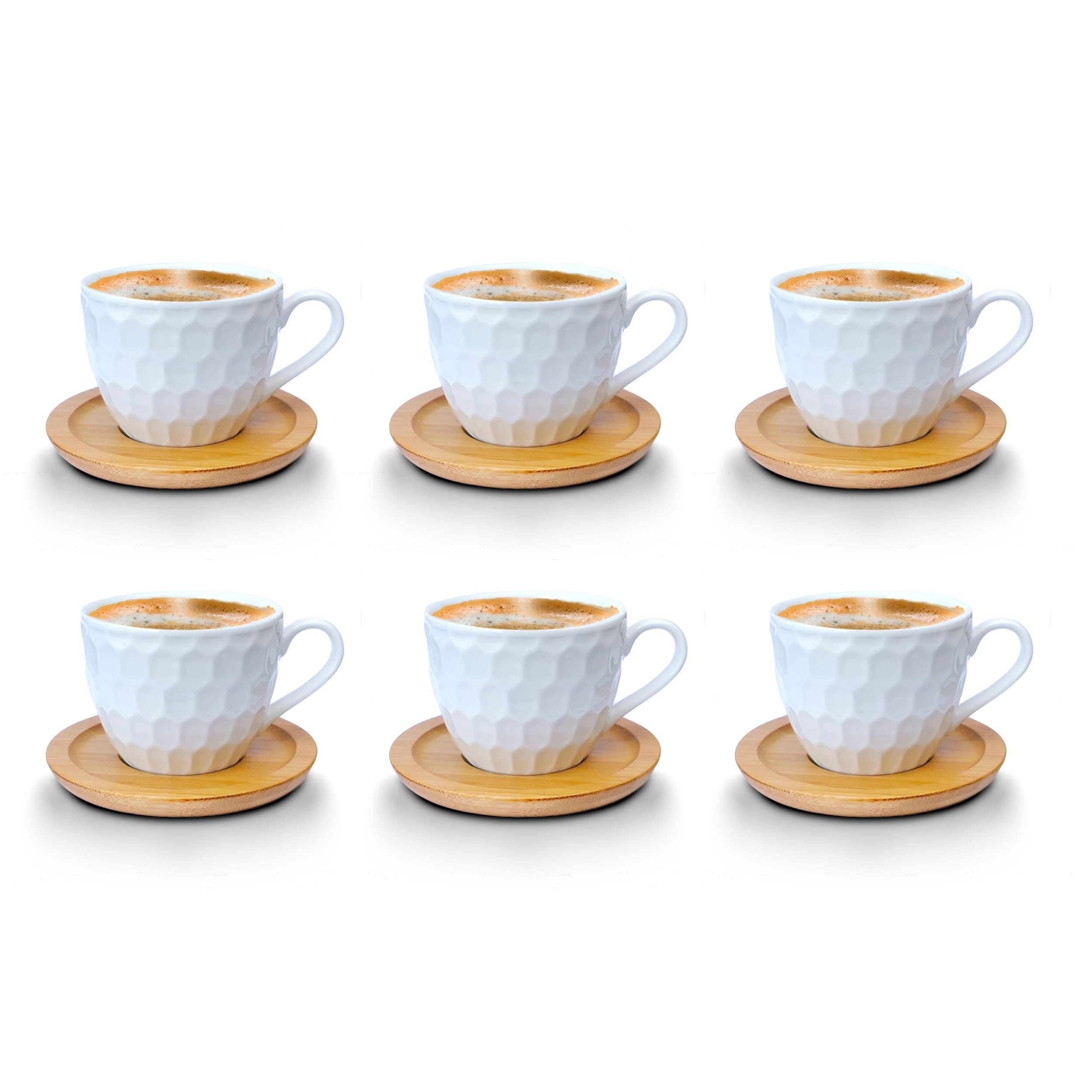 Fiora Kaffeeservice Kaffeetassen Espressotassen Cappuccinotassen mit untersetzer Porzellan 6 Tassen + 6 Untersetzer Holz Optik Weisse Kaffeetassen Set (12-tlg), 6 Personen, Porzellan, Kaffeeservice 12 Teilig für 6 Personen