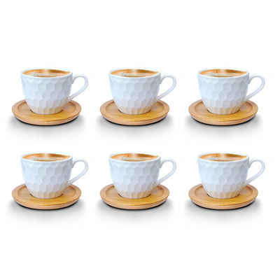 Fiora Kaffeeservice »Kaffeetassen Espressotassen Cappuccinotassen mit untersetzer Porzellan 6 Tassen + 6 Untersetzer Holz Optik Weisse Kaffeetassen Set« (12-tlg), Porzellan, Kaffeeservice 12 Teilig für 6 Personen