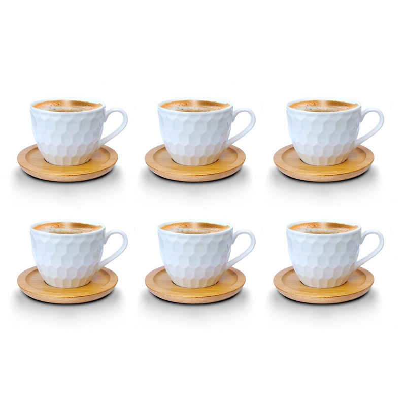Fiora Kaffeeservice »Kaffeetassen Espressotassen Cappuccinotassen mit untersetzer Porzellan 6 Tassen + 6 Untersetzer Holz Optik Weisse Kaffeetassen Set« (12-tlg), 6 Personen, Porzellan, Kaffeeservice 12 Teilig für 6 Personen
