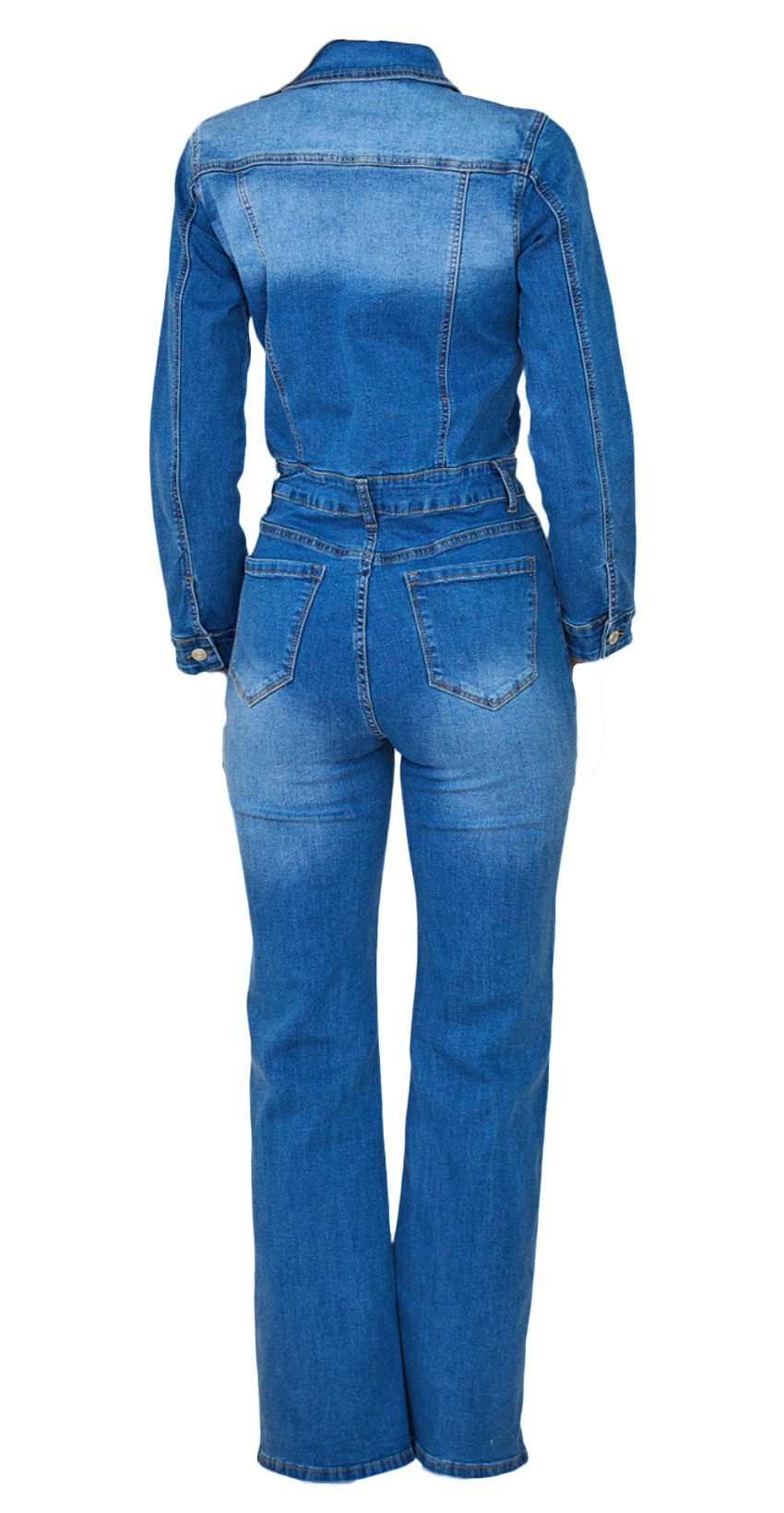 Charis Moda Jumpsuit Jeansoverall Langarm ausgestelltes Bein Flared günstig online kaufen