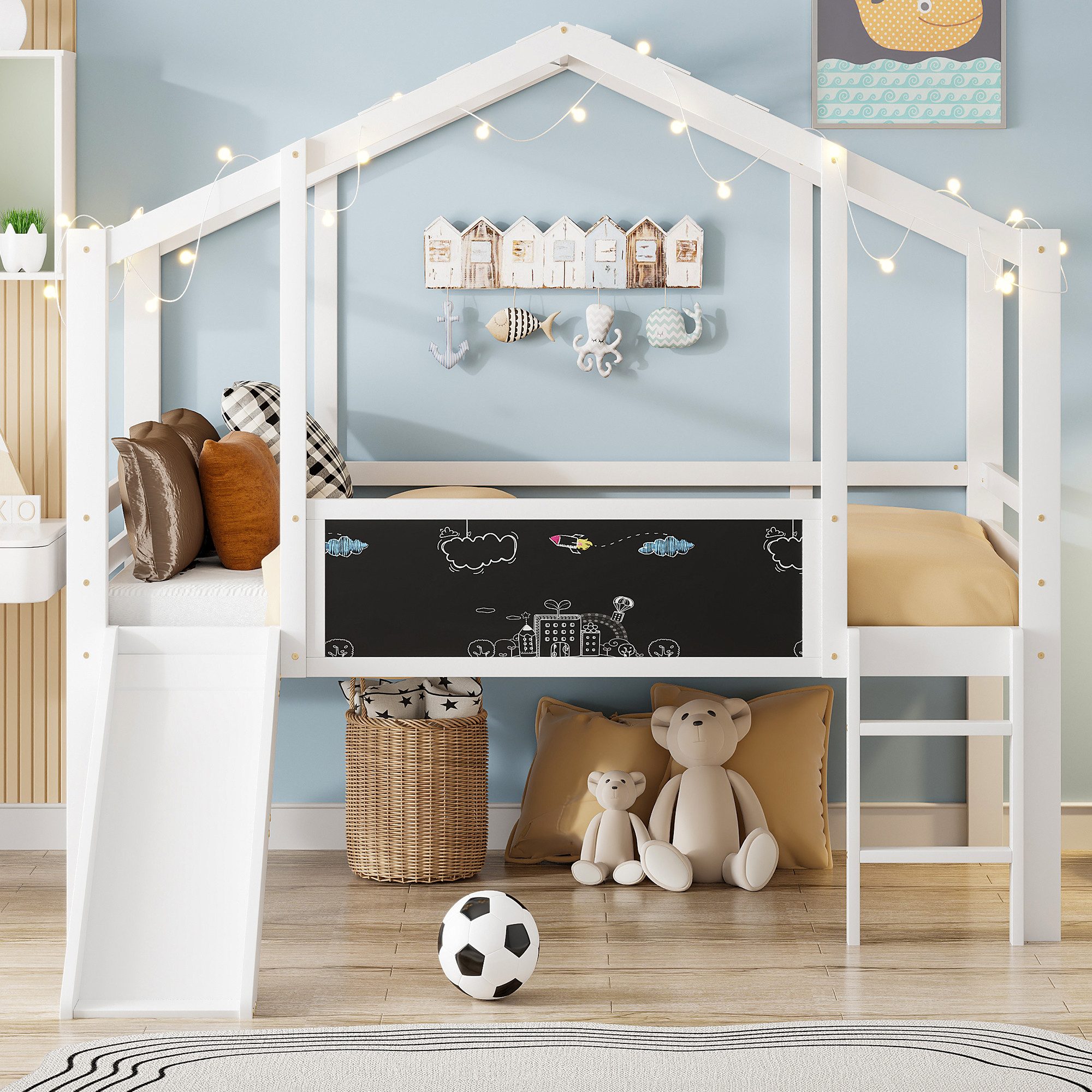 Flieks Hochbett Kinderbett Hausbett 90x200cm mit Graffiti-Tafel, Leiter und Rutsche – Bild 3 von 5