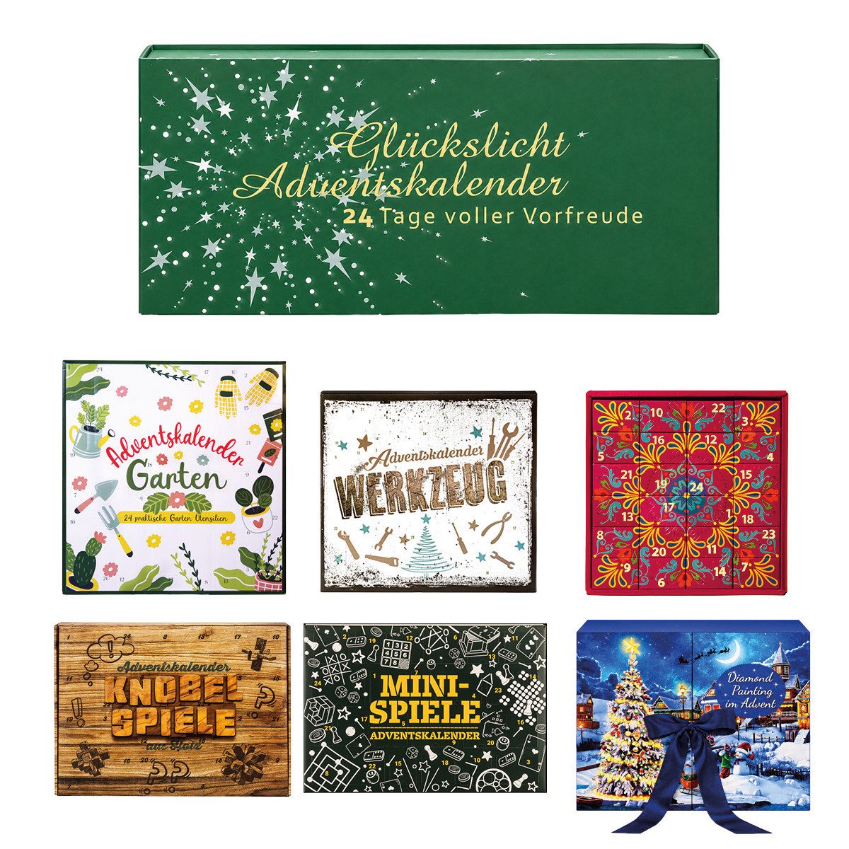 BRAST Adventskalender Knobel & Mini-Spiele Duftkerzen Werkzeug-Set oder Garten-Utensilien (7 Varianten zur Auswahl, 24-tlg), Kerzen Glückslicht, 24 Botschafts-Teelichter, inkl. Teelichthalter
