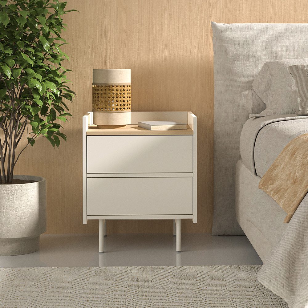 Vicco Nachtschrank Velina, Creme/Eiche, 48 x 58 cm mit 2 Schubladen (1-St)