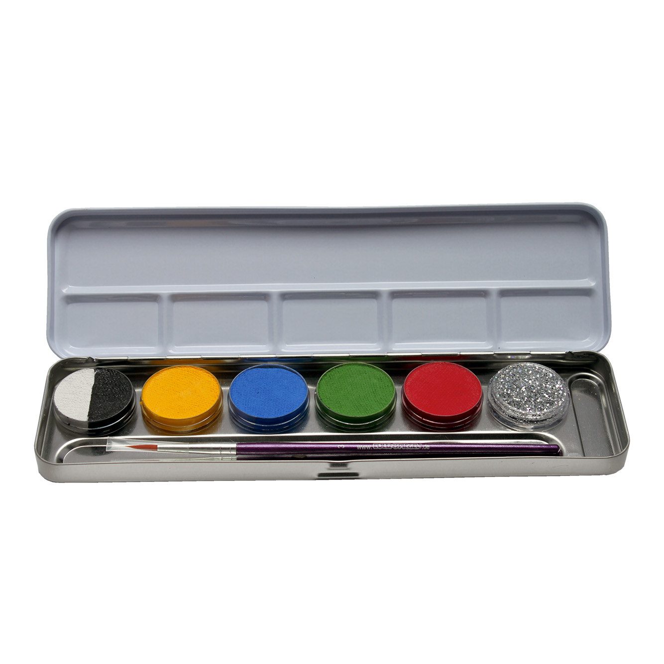 Eulenspiegel Theater Schminkpalette 6er Kombi Schminke Metall-Palette mit 5 Farben und 1x Glitzer+ Pinsel (1-tlg), Made in Germany, dermatologisch getestet