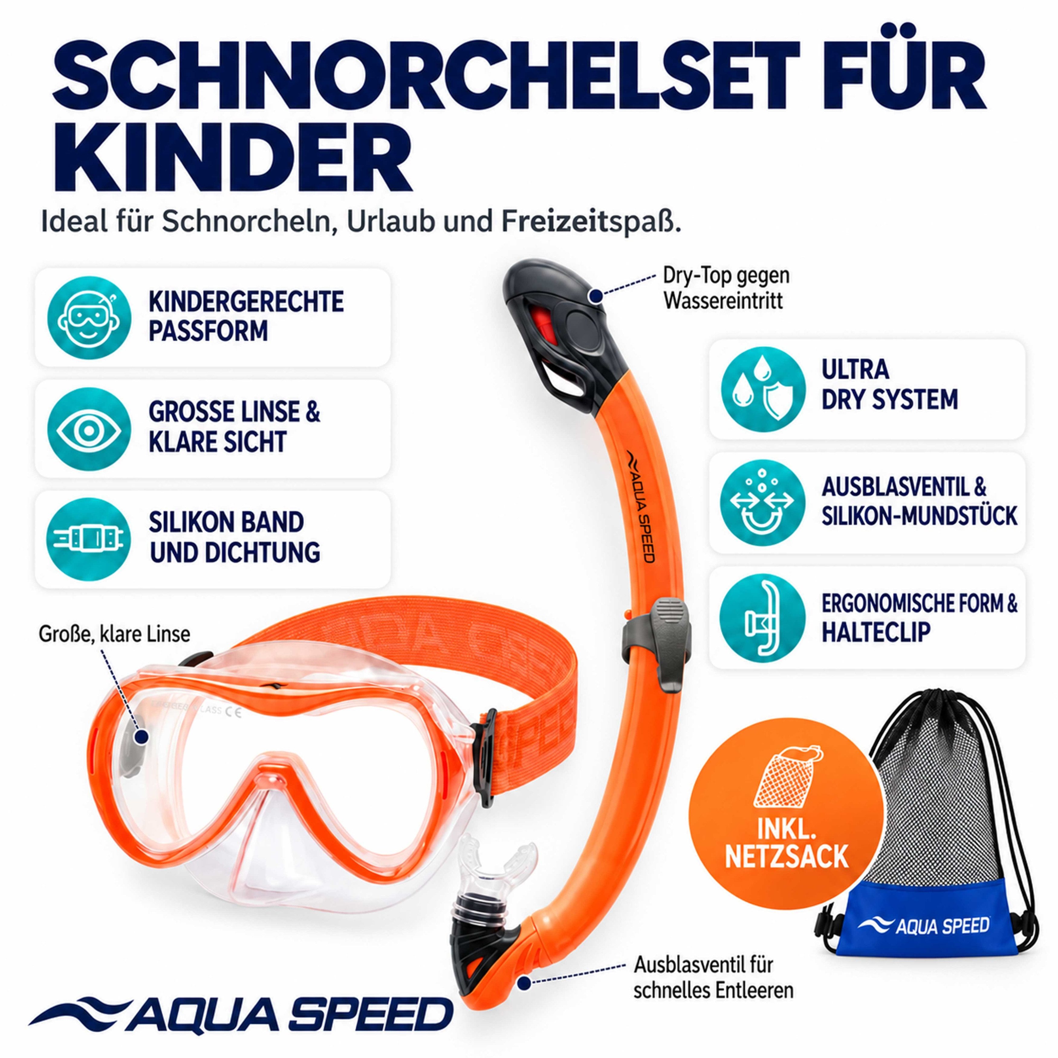Aqua Speed Schnorchel Schnorchelset ALIZE + SAMOS Tauchmaske für Kinder, mit Netzbeutel (Kinderschnorchelset mit Maske und Schnorchel im Netzbeutel), EASY-ADJUS – Bild 2 von 5