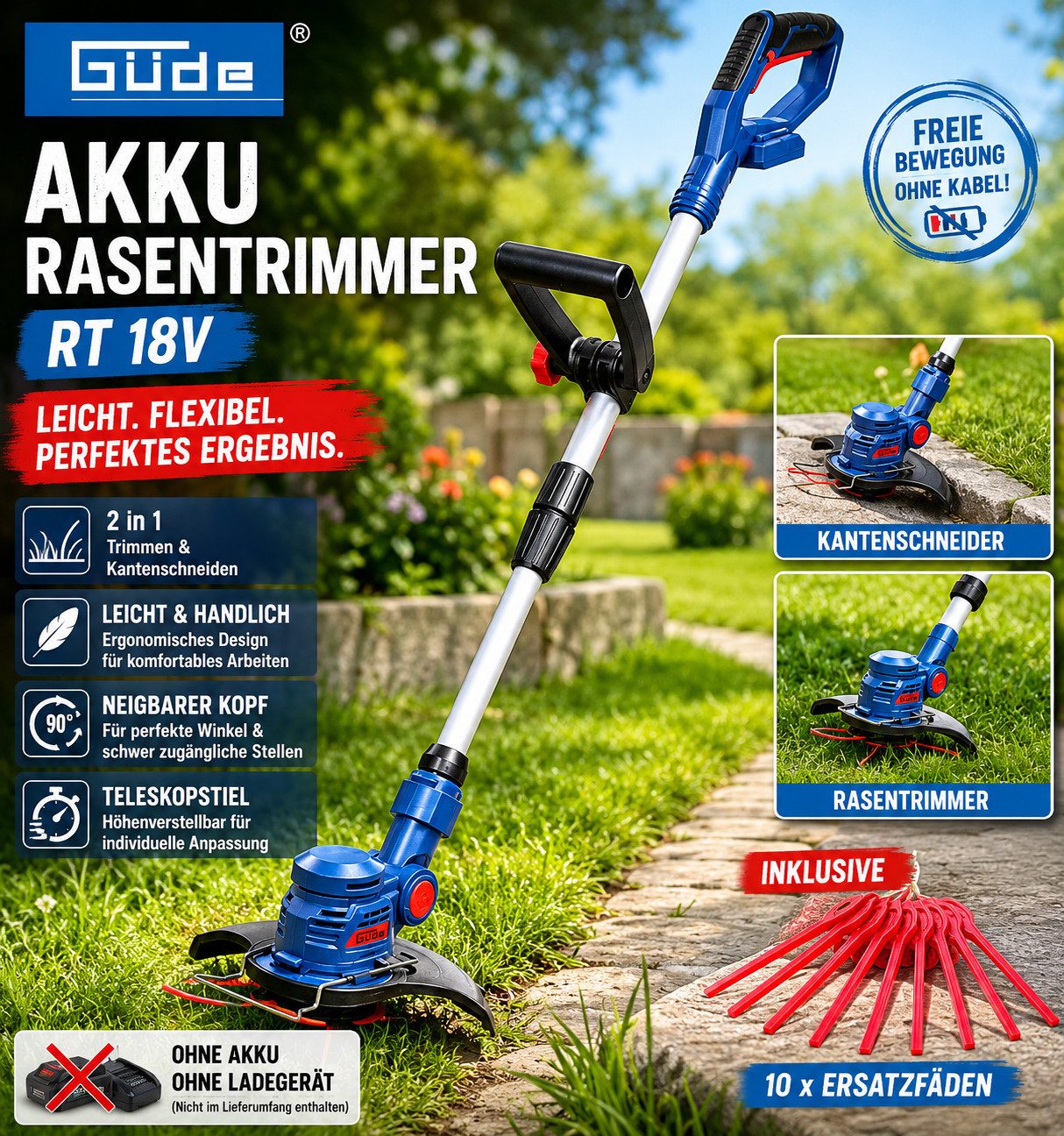 Güde Akku-Rasentrimmer Rasentrimmer RT 18V ohne Akku / Ladegerä tKantenschneider Grascutter