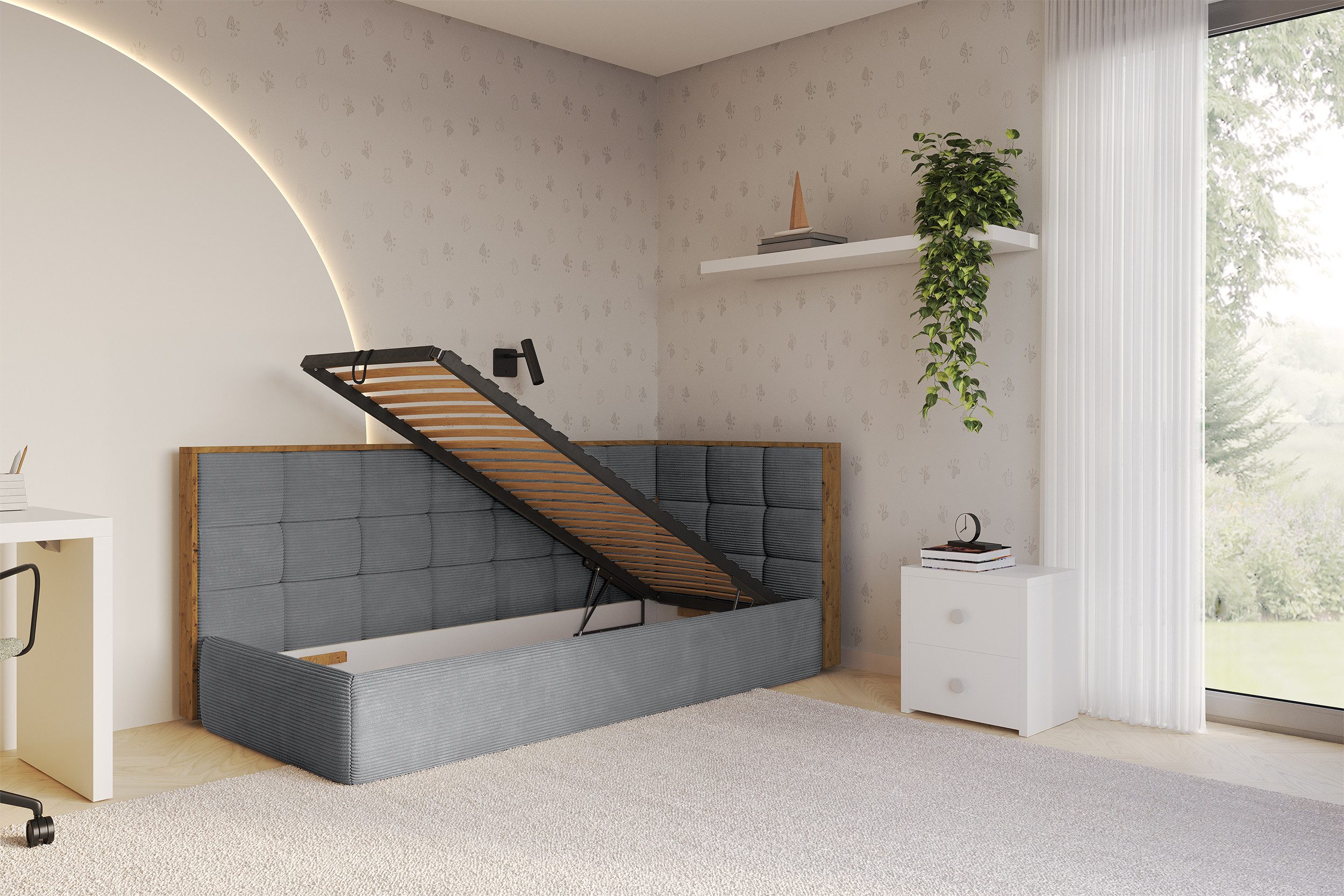ALTDECOR Jugendbett SOVY (Jugendbett mit Bettkasten und Lattenrost, Polsterbett ohne Matratze), Einzelbett mit Stauraum, Bett mit Kopfteil