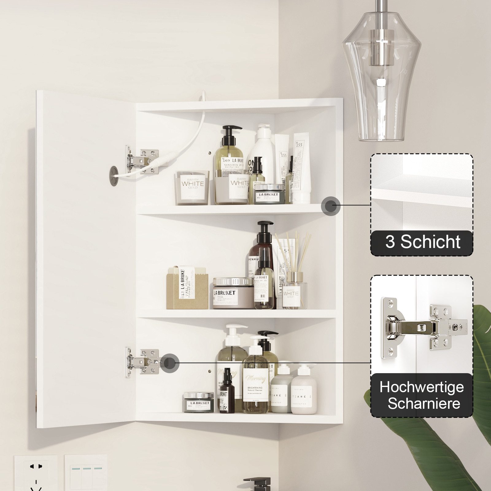 radelldar Eckschrank mit LED-Beleuchtung & HD-Spiegel – 3 Stauraumfächer (1-St) Badezimmerspiegelschrank rechteckig 42x60 cm – Bild 5 von 5