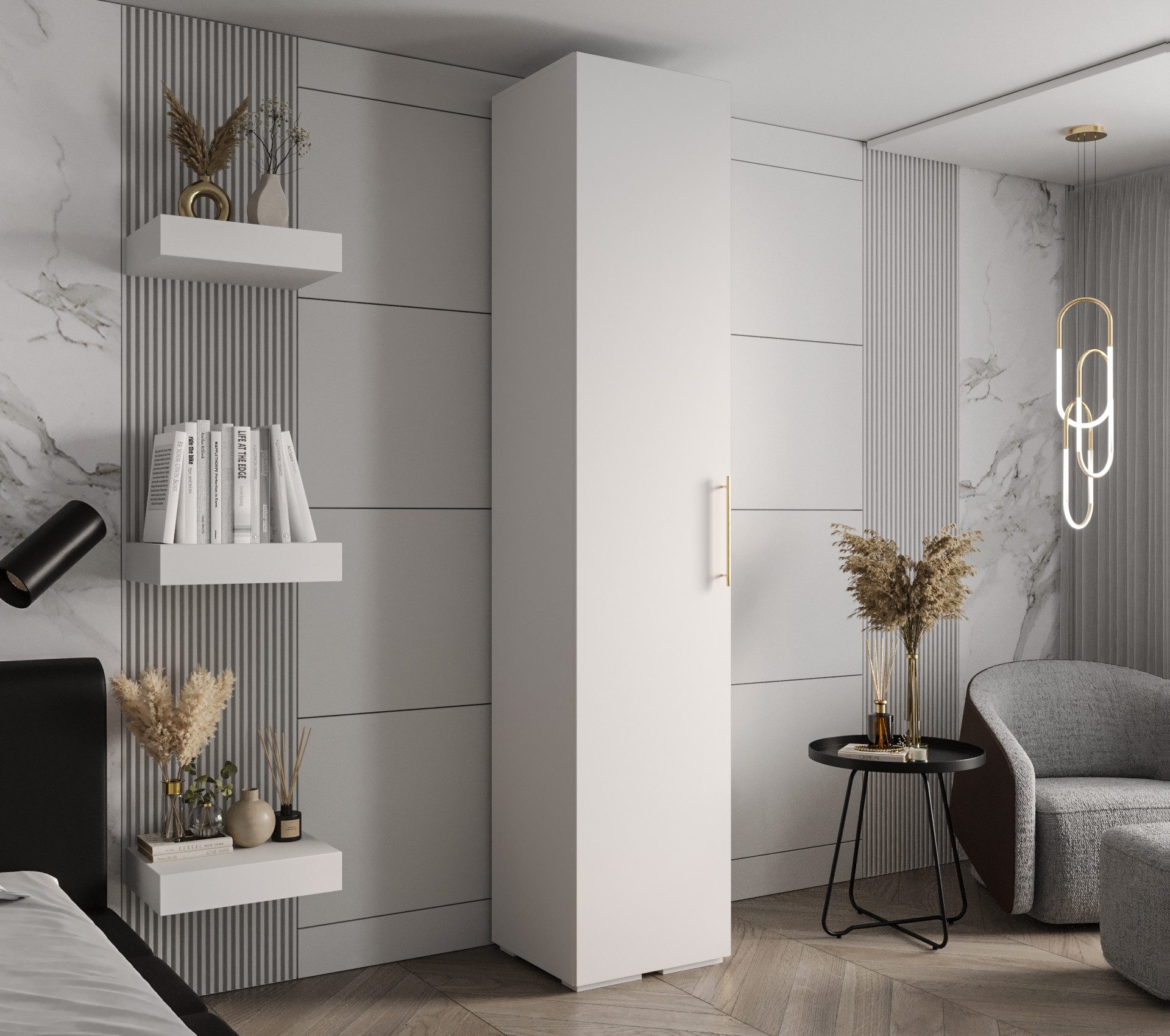 MOEBLO Schrankmodule IVONA 3 (goldene Griffe, elegante Garderobe, glamouröser Stil, Schrank Garderobe Schiebtüren Schlafzimmer, Modularer Kleiderschrank)