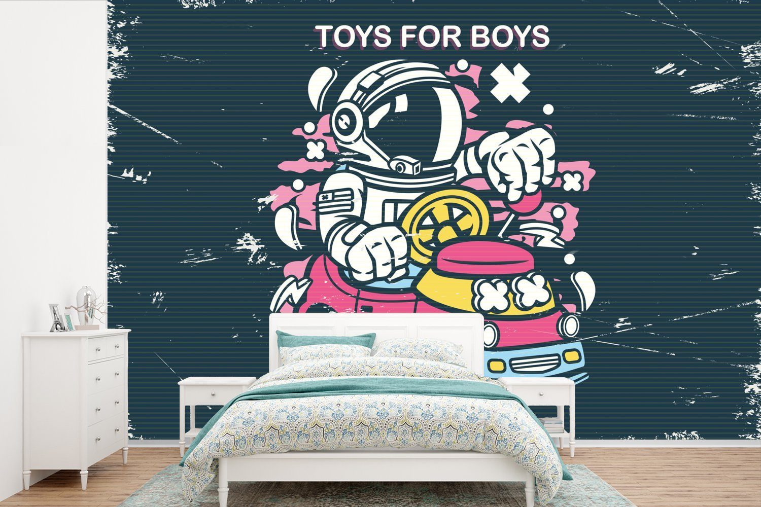 MuchoWow Fototapete Jahrgang - Astronaut - Auto, Matt, bedruckt, (6 St), Wallpaper für Wohnzimmer, Schlafzimmer, Kinderzimmer, Vinyl Tapete