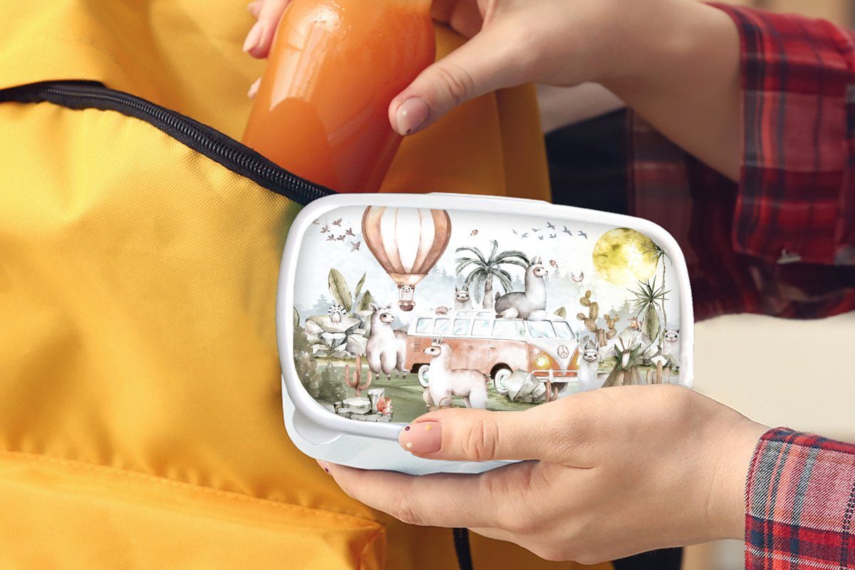 (2-tlg), weiß Kinder Tiere Jungs - Lunchbox Brotbox Heißluftballon für Kinder, und MuchoWow Erwachsene, - für - Brotdose, und Kunststoff, Kinder Mädchen Alpaka -