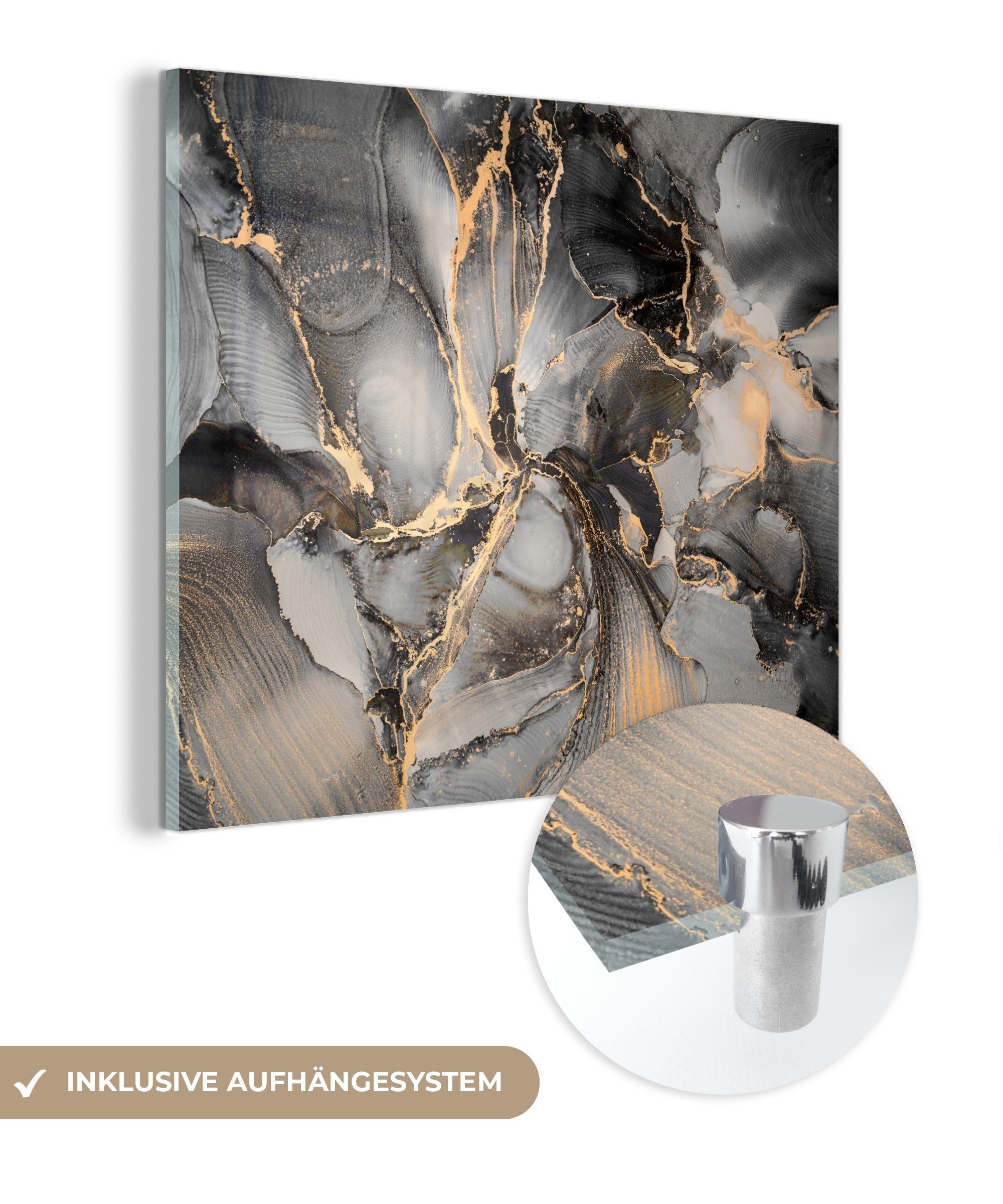 MuchoWow Acrylglasbild Grau - Luxus - Gold - Marmor, Inkl. Aufhängung, Bilder auf Glas Wandbild, Wanddeko Wohnzimmer Badezimmer, 20x20 cm