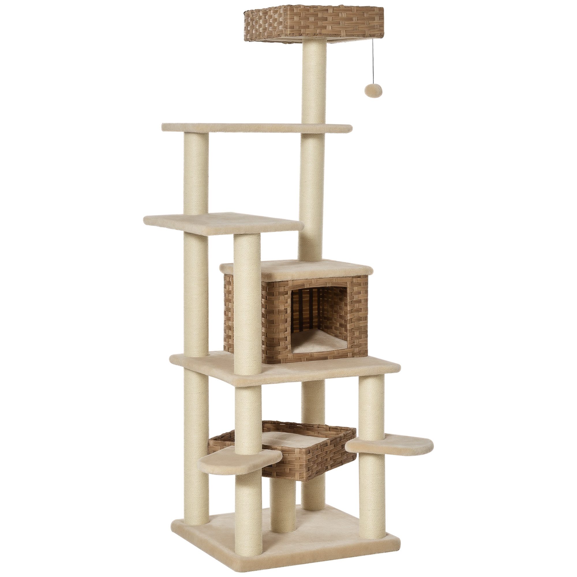 PawHut Kratzbaum mit Katzenhöhle, Mehrstufiger, Beige+Braun, 55L x 55B x 174H cm