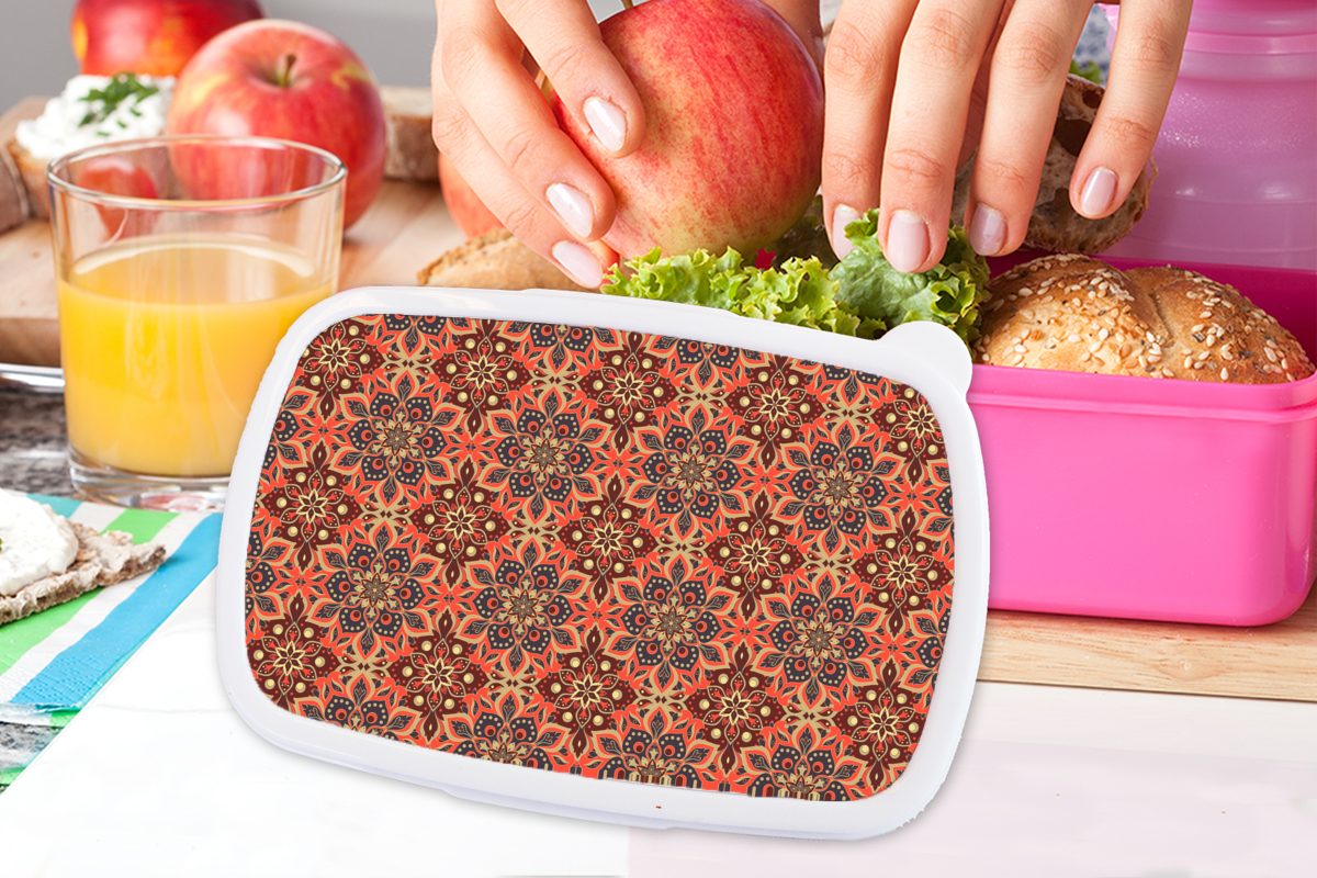 Kunststoff - Brotdose Lunchbox MuchoWow Brotbox - rosa Blumen für Kunststoff, Muster Erwachsene, Mädchen, (2-tlg), Snackbox, Retro, Kinder, Mandala -