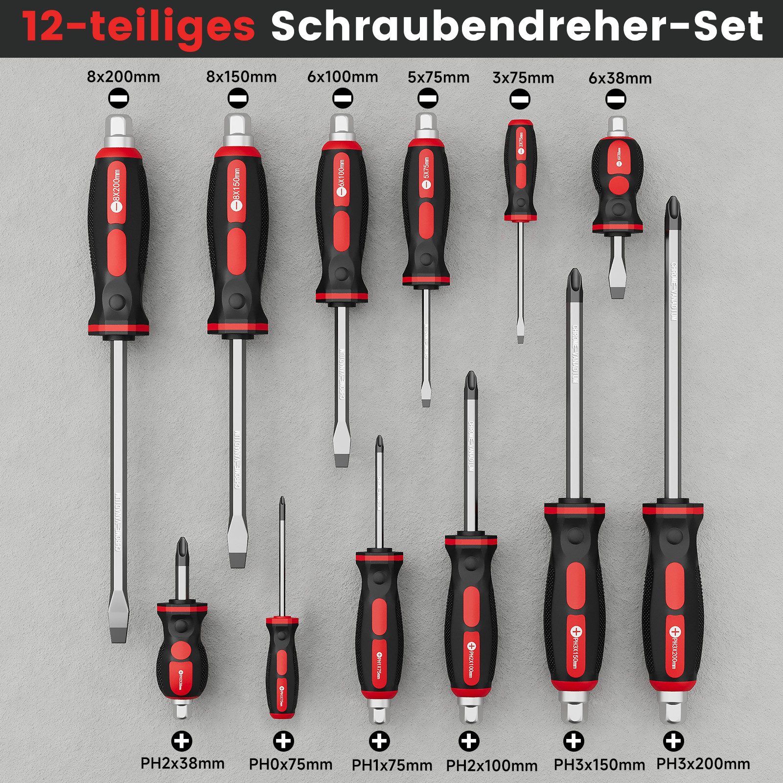 Walter Stahl Germany control Schraubendreher 12-teiliges Schraubendreher-Set, Schraubenzieher Koffer, (Set, 12 St., 12-teiliges Schraubendreher-Set), Magnetisch