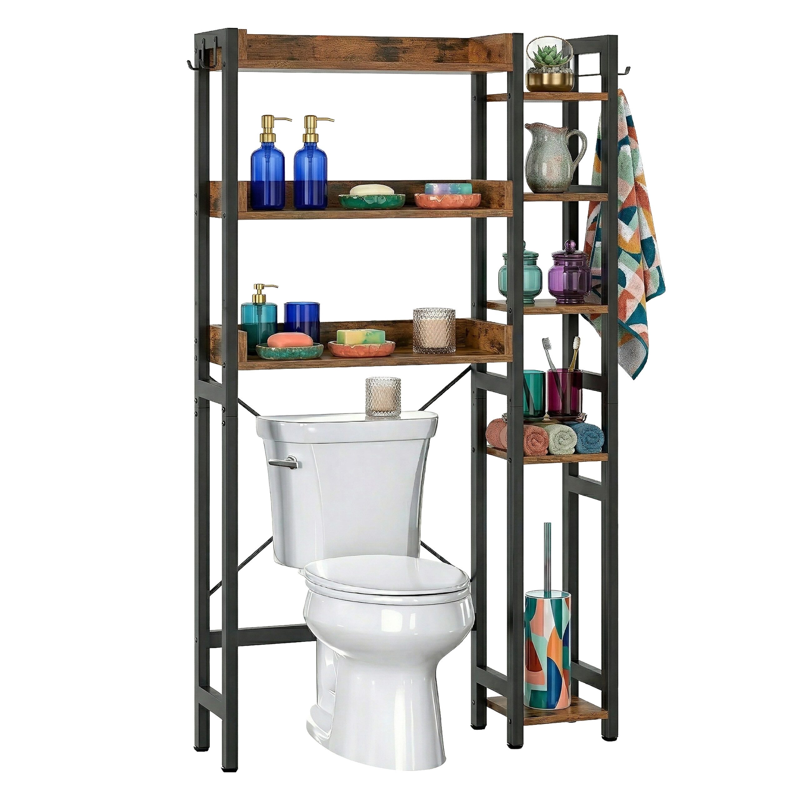 relaxdays Badregal Toilettenregal 3 Ebenen mit Seitenablage, Vintagebraun