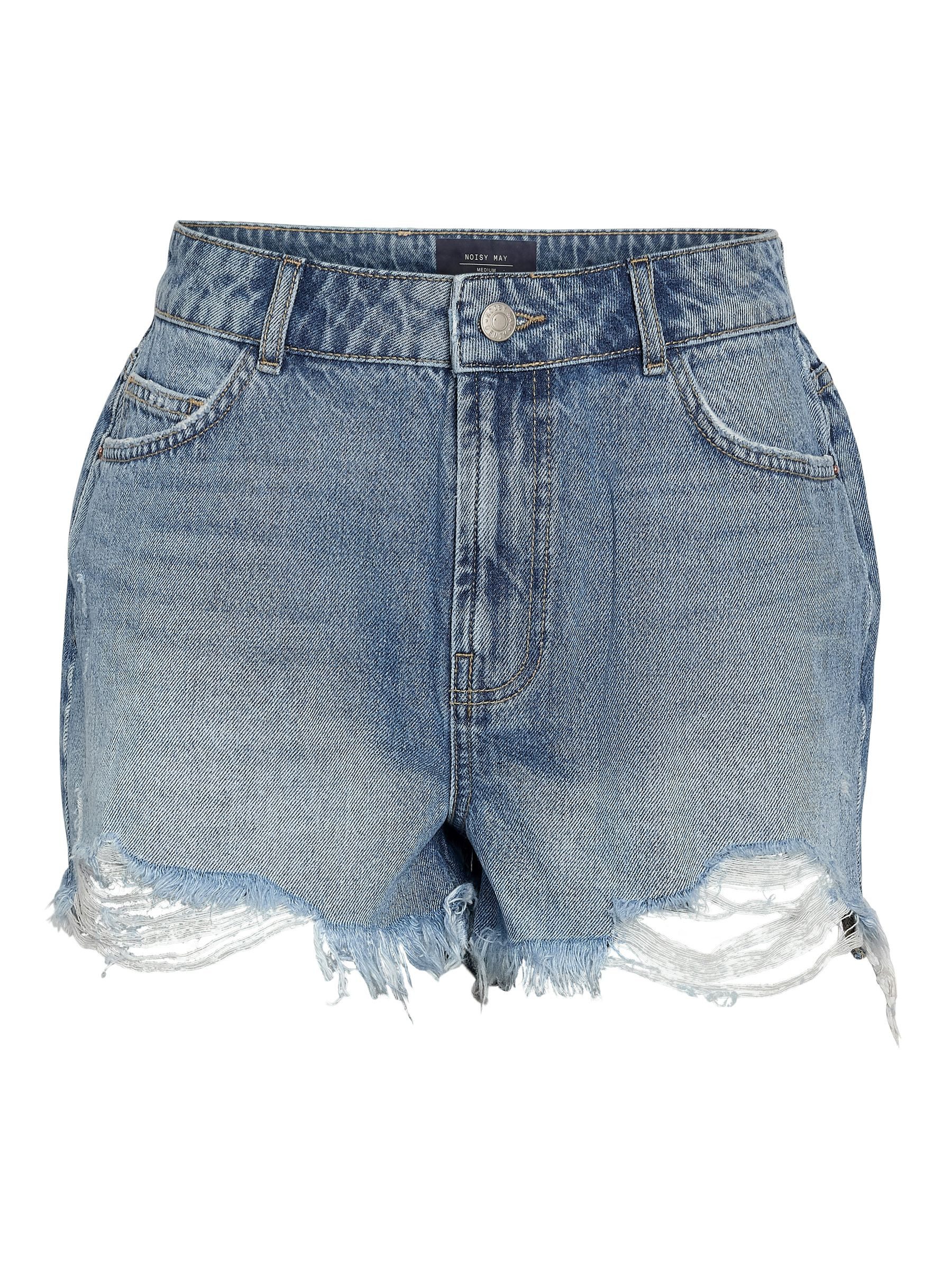 Noisy may Jeansshorts Hoher Bund Fransen Saum Used Look für Damen (1-tlg) Baumwolle Normal Fit Einfarbig atmungsaktiv Reißverschluss