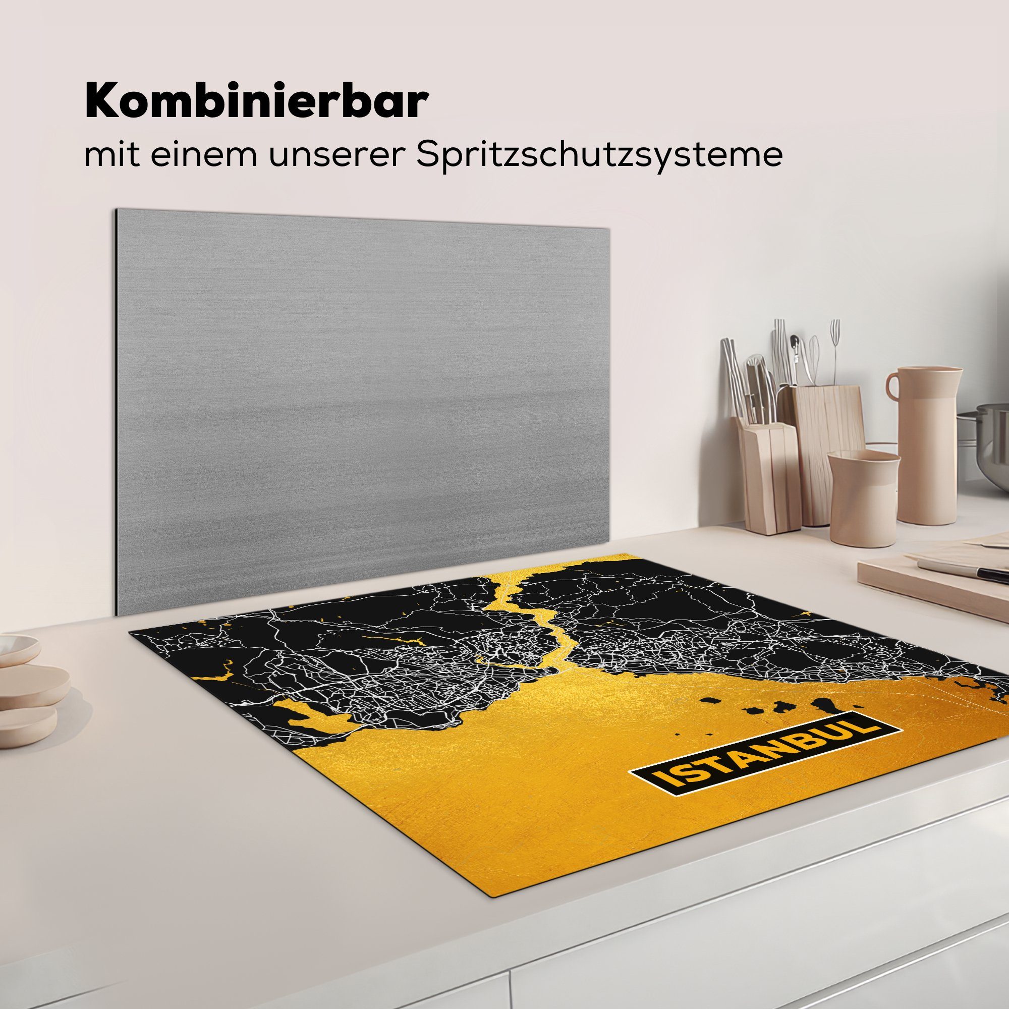 - MuchoWow (1 78x78 Vinyl, Stadtplan - Karte, cm, Gold Herdblende-/Abdeckplatte - Arbeitsplatte tlg), küche für Istanbul Ceranfeldabdeckung,