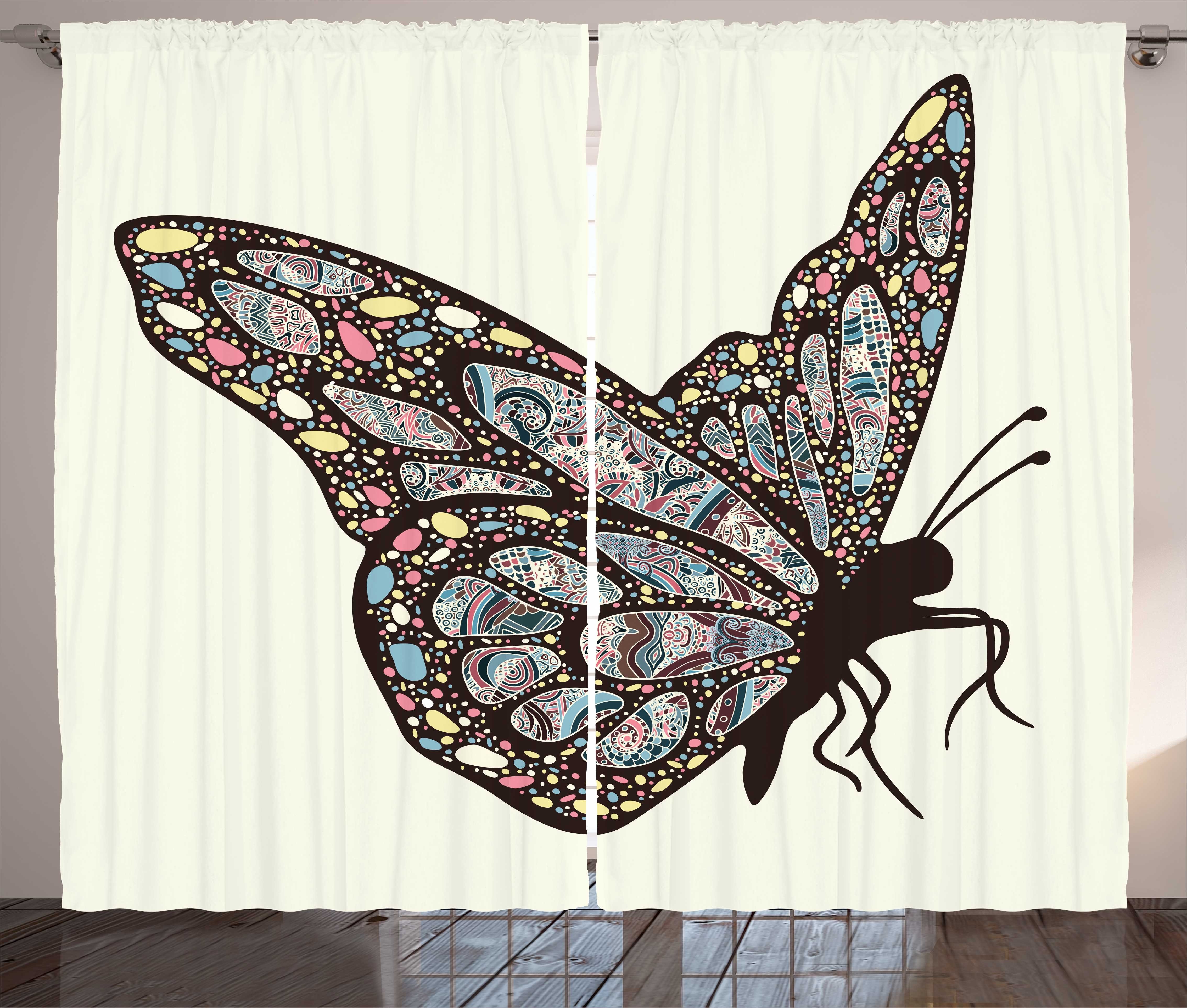 Gardine Schlafzimmer Kräuselband Vorhang mit Schlaufen und Haken, Abakuhaus, Vintage Tribal Schmetterlings-Kunst-Flügel | Fertiggardinen