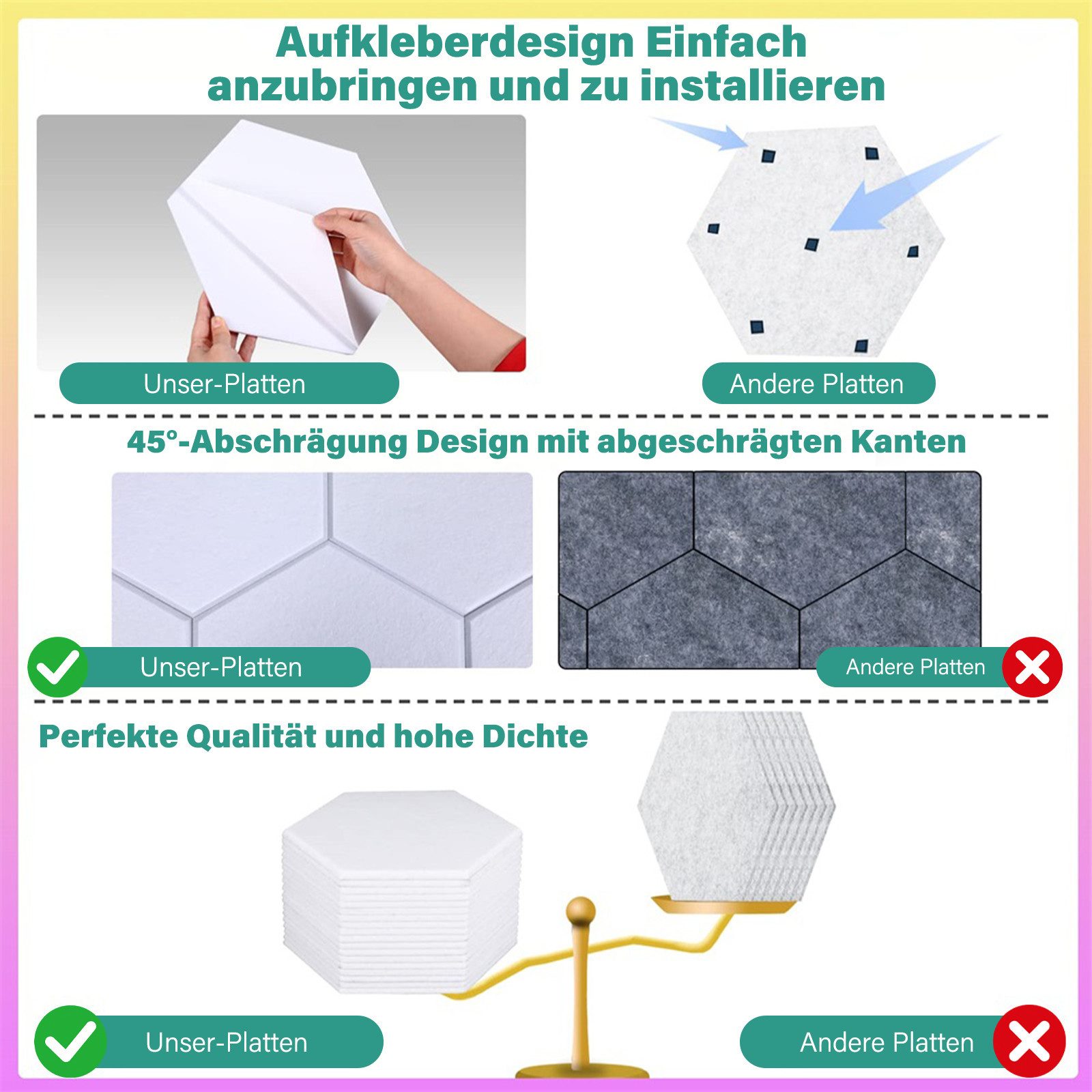 MOPUEA Akustikplatte 12 Stück,Hexagon Akustikplatte,Selbstklebend,9mmHohe Dichte Wandpaneel, (Selbstklebende hexagonale Akustikplatten für Wandgestaltung, Einfache Montage ohne Werkzeug, ideal zur Schallabsorption), Sicher, ungiftig, formaldehydfrei, vielseitig einsetzbar