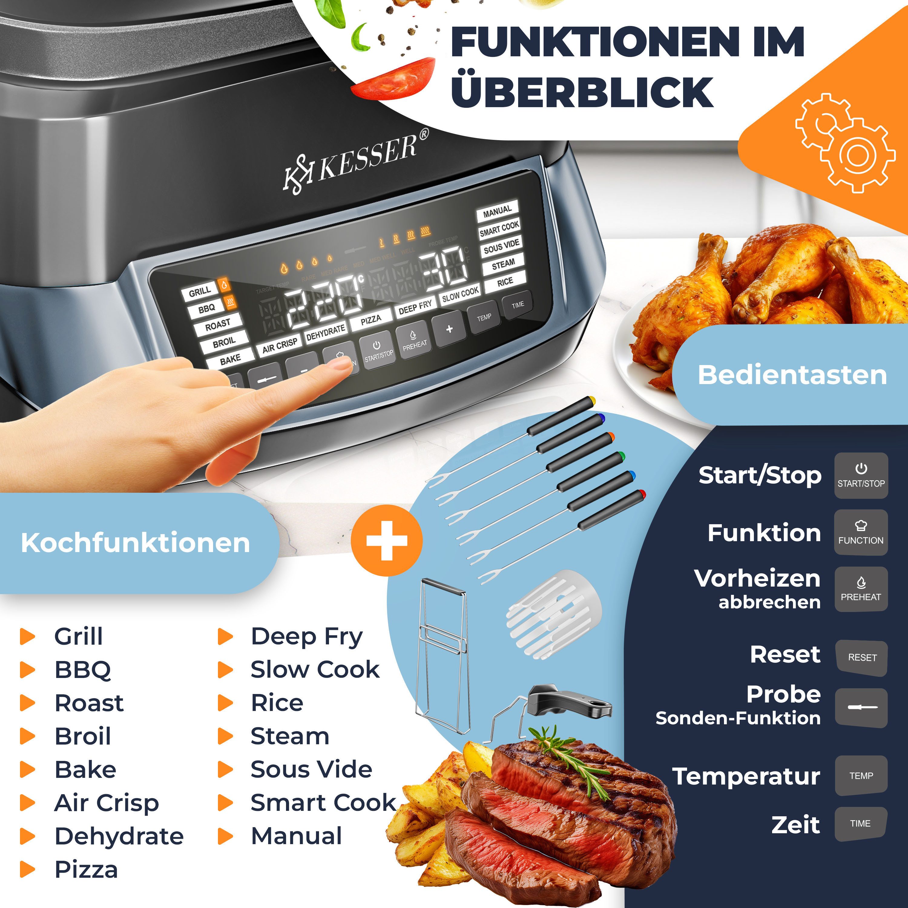 KESSER Multikocher Küchengerät mit 16 Programmen Grillen, Backen, Schmoren, Dampfgaren, 1800 W, All-in-One Slow Cooker, Schnellkochkopf, Heißluftfritteuse, Reiskocher