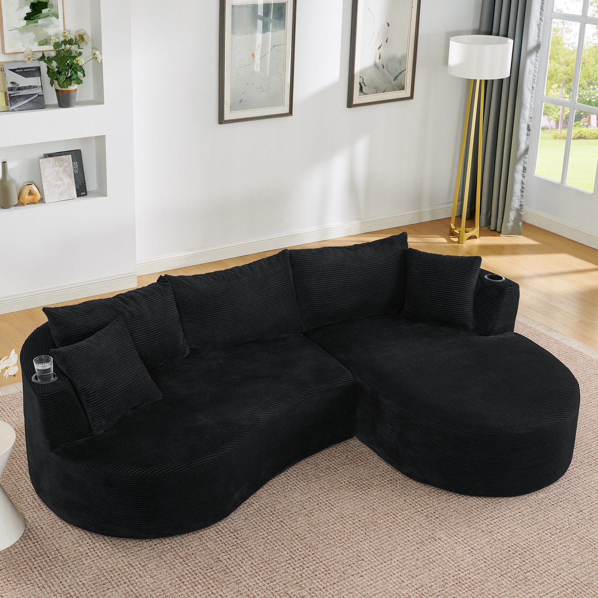 HAUSS SPOLE Ecksofa mit Getränkehalter,Sitzgruppe Rechte Chaiselongue & Kissen,Schwarz, Cordstoff mit Bogenförmiges Design & Vielseitige Nutzung, Vakuumverpackt & Einfache Montage