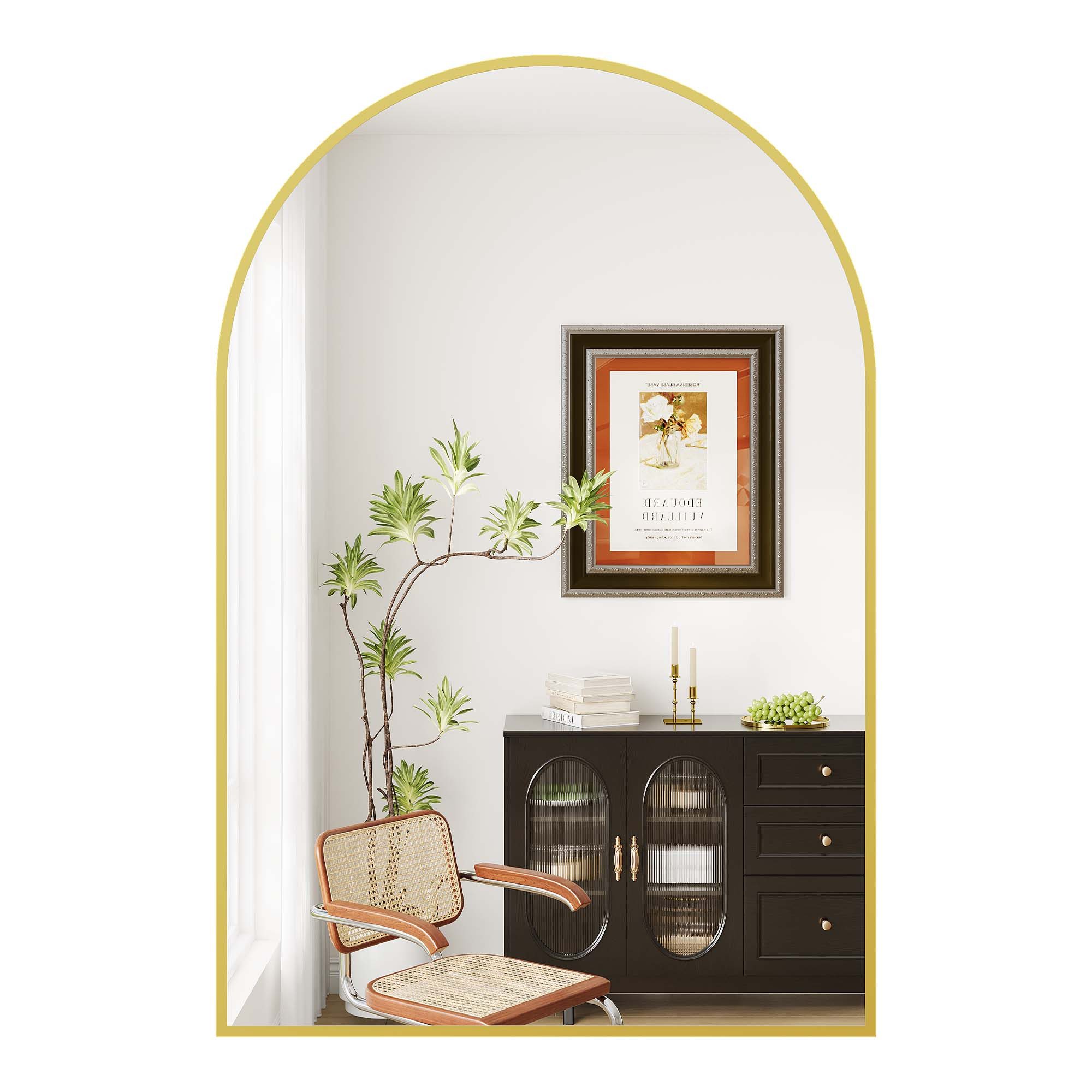 GarveeMore Badspiegel in Bogenform, 60x90 cm, Aluminiumrahmen, 5 mm Sicherheitsglas, wasserdicht, rostfrei, gold, für Badezimmer, Flur, Wohnzimmer