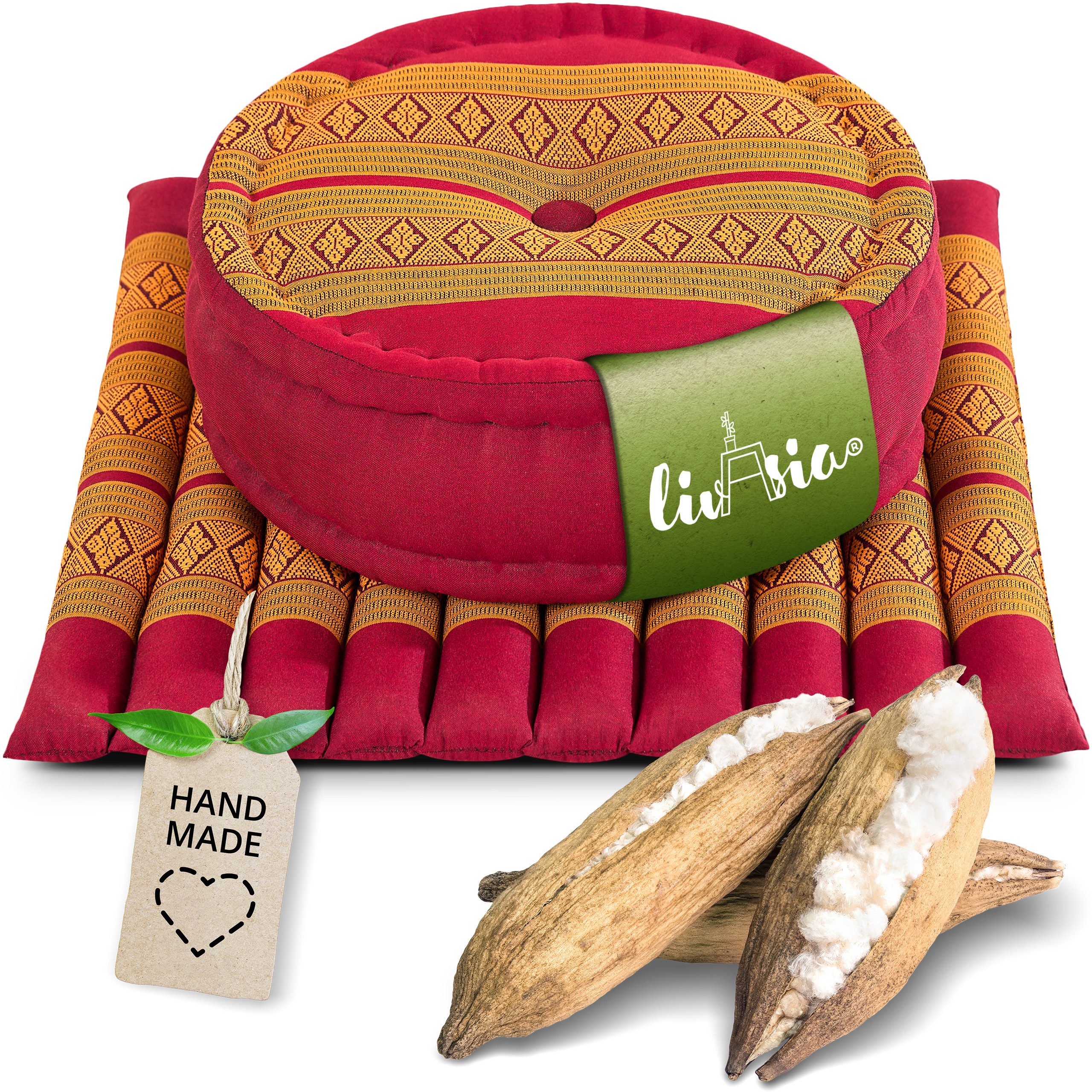 livasia Meditationskissen Yogakissen Set L - Zafu Ø 38x15cm / Matte 50x50x4,5cm, Kapok, vegan, handgefertigt