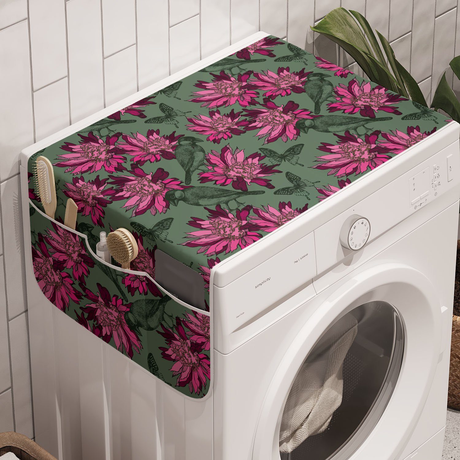 Badorganizer Trockner, Blumen Vögel für Waschmaschine und Anti-Rutsch-Stoffabdeckung Abakuhaus Sketch-Blumen-Kunst