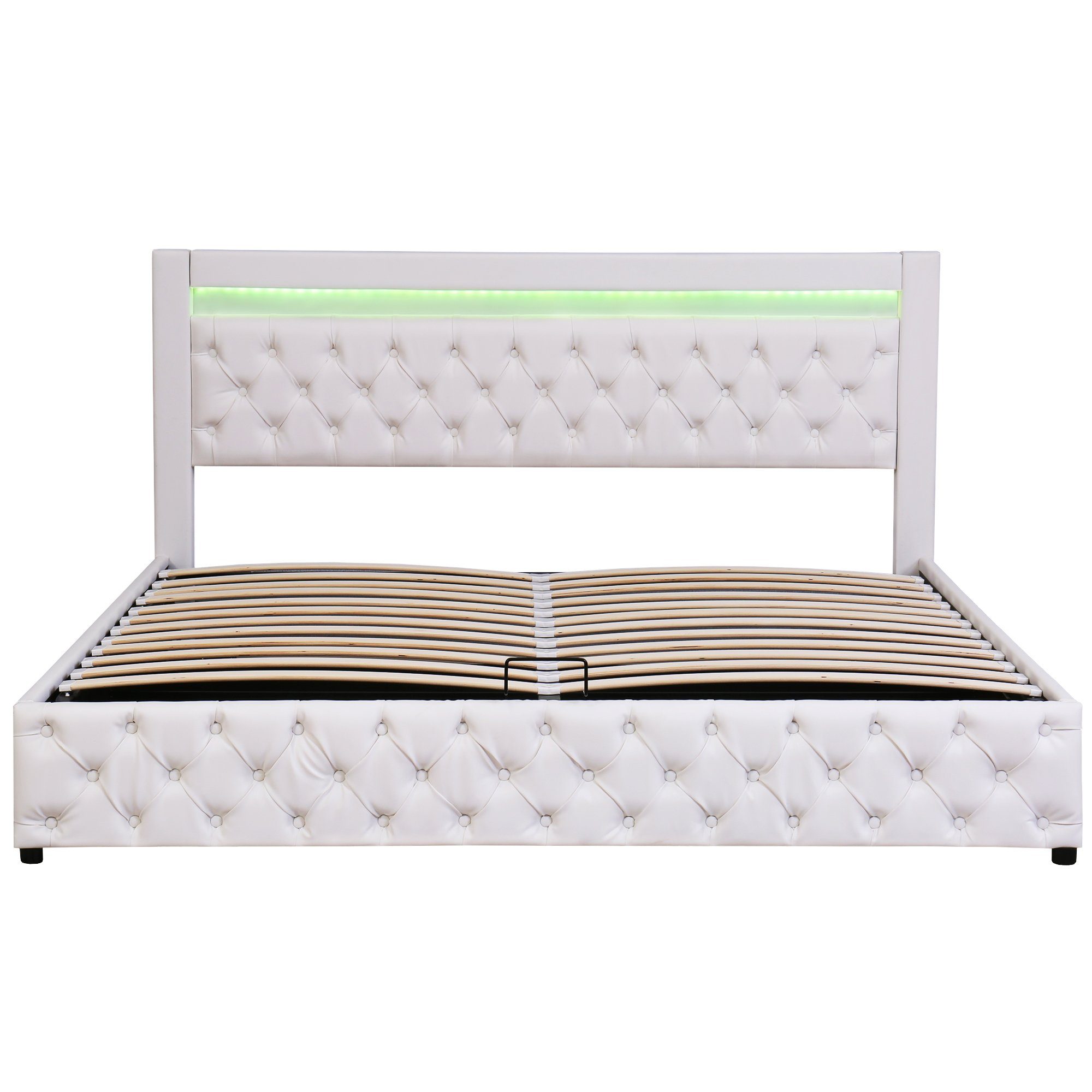 Boxspringbett (Hydraulisches Bett 180x200cm mit Bettkasten), Polsterbett mit LED-Beleuchtung, Kunstleder, weiches Kopfteil