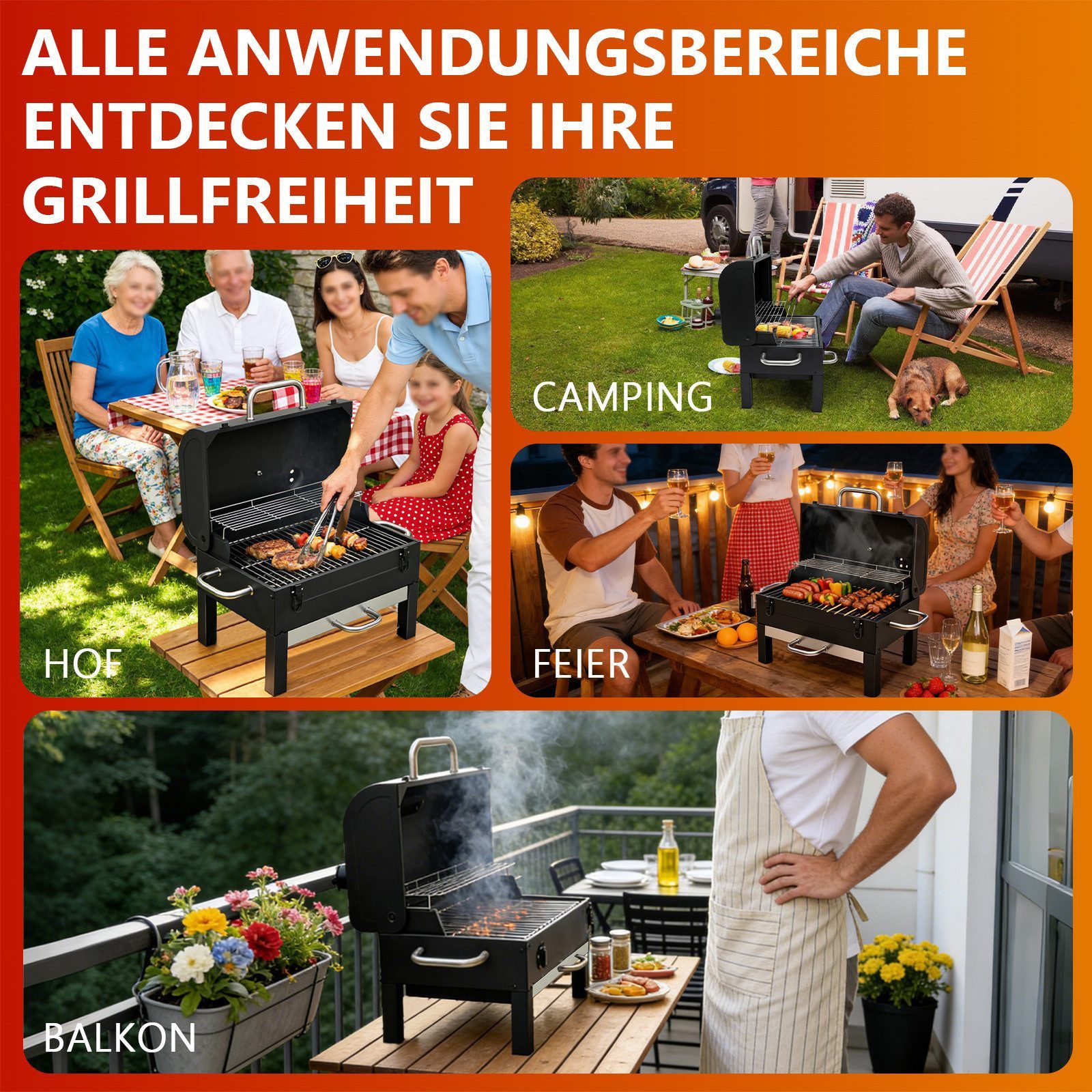 SunJas Holzkohlegrill Tragbarer Tischgrill mit Deckel, Thermometer und Lüftungssystem, compinggrill,BBQ Grill mit Doppelrost, Grillfläche 48 x 32 cm für Camping – Bild 5 von 5