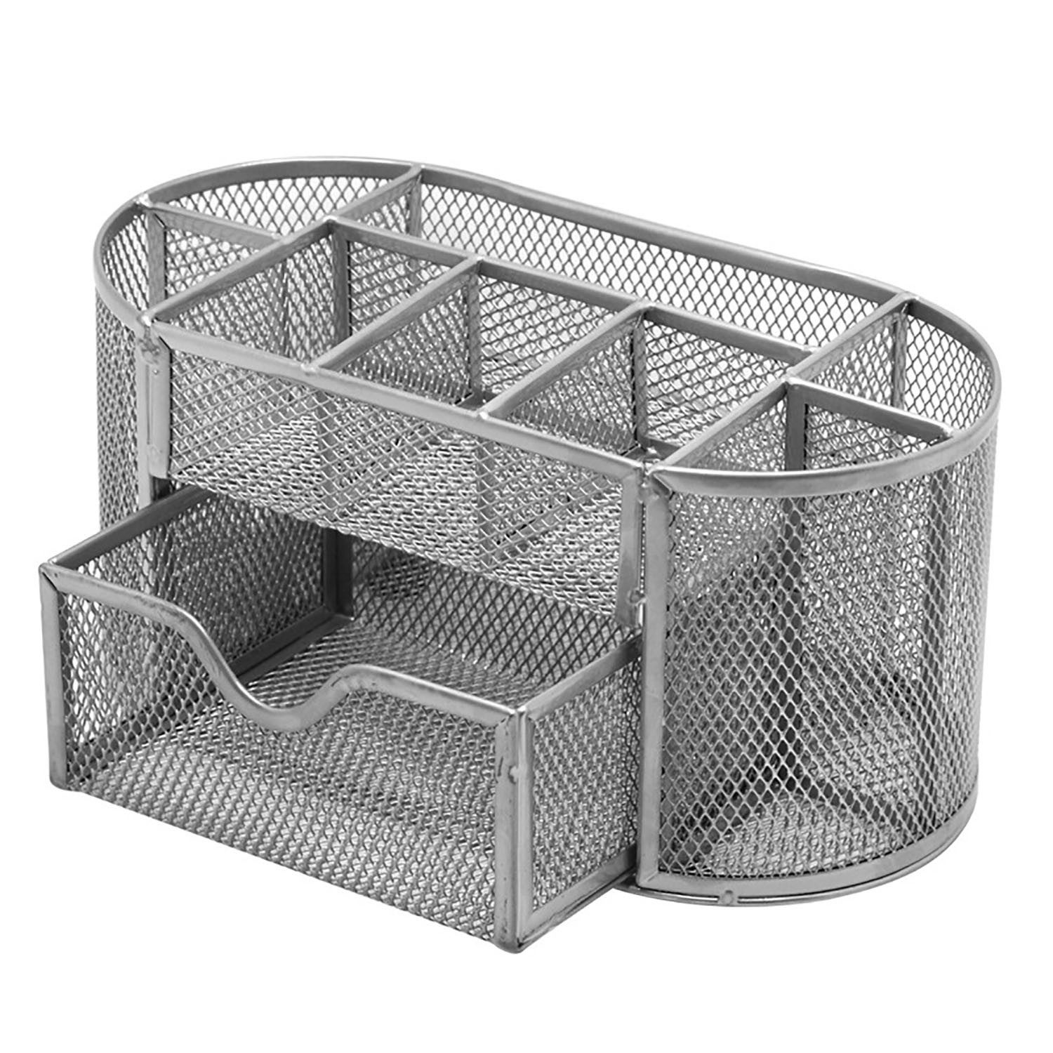 OKWISH Organizer Schreibtisch Organizer Stifthalter Schreibtischorganizer Mesh Metall (Desk-Organizer mit 8 Fächer und 1 Schublade, 1 St., Platzsparendes Büro-Organizer Große Kapazität), Büro Schule Schreibtisch Bleistift Stifte Hefter Schreibwaren Lagerung